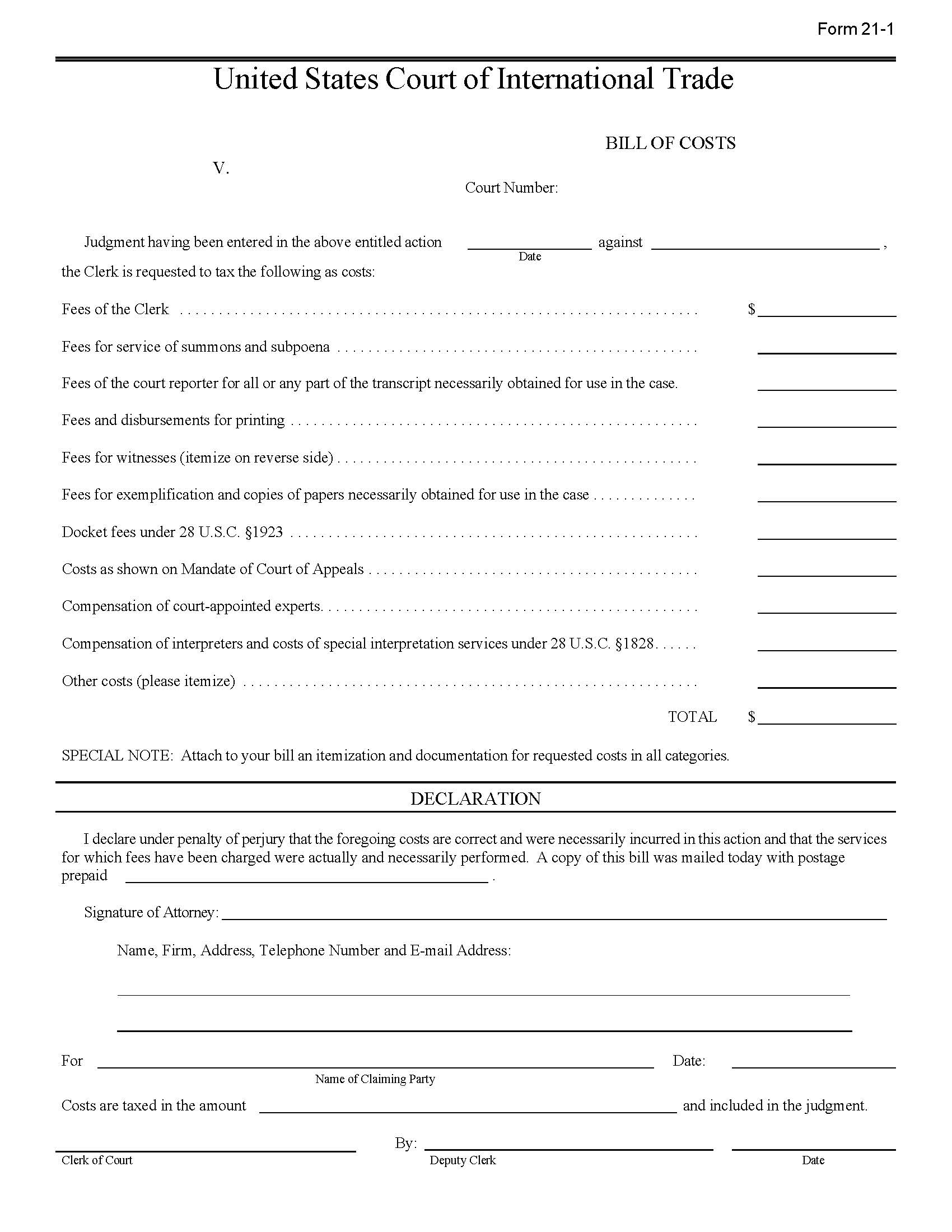 Form 21 Bill Of Costs {21} | Pdf Fpdf Docx | Official Federal Forms