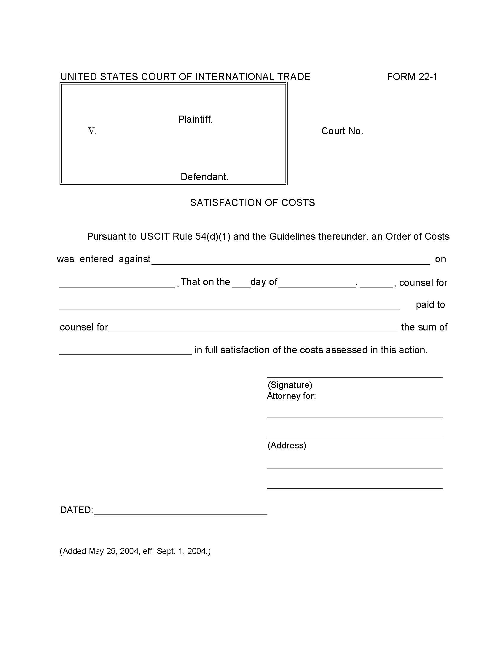 Form 22 Satisfaction Of Costs {22} | Pdf Fpdf Doc Docx | Official Federal Forms