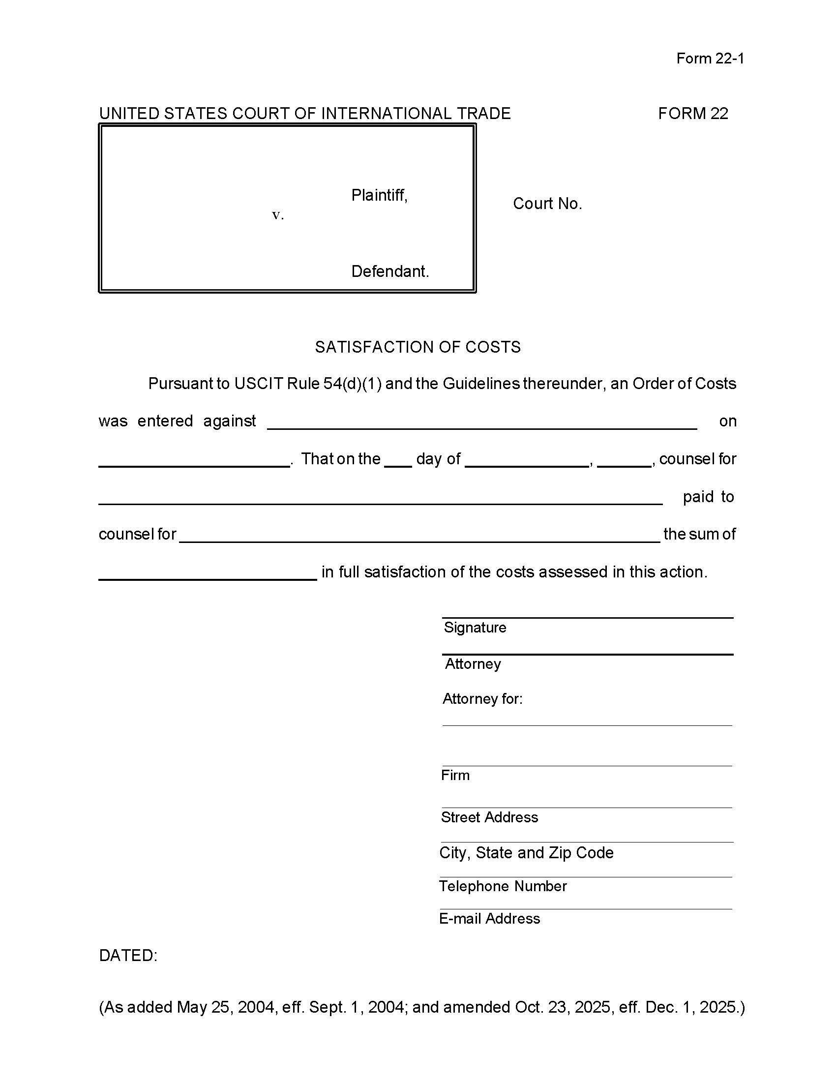 Form 22 Satisfaction Of Costs {22} | Pdf Fpdf Doc Docx | Official Federal Forms