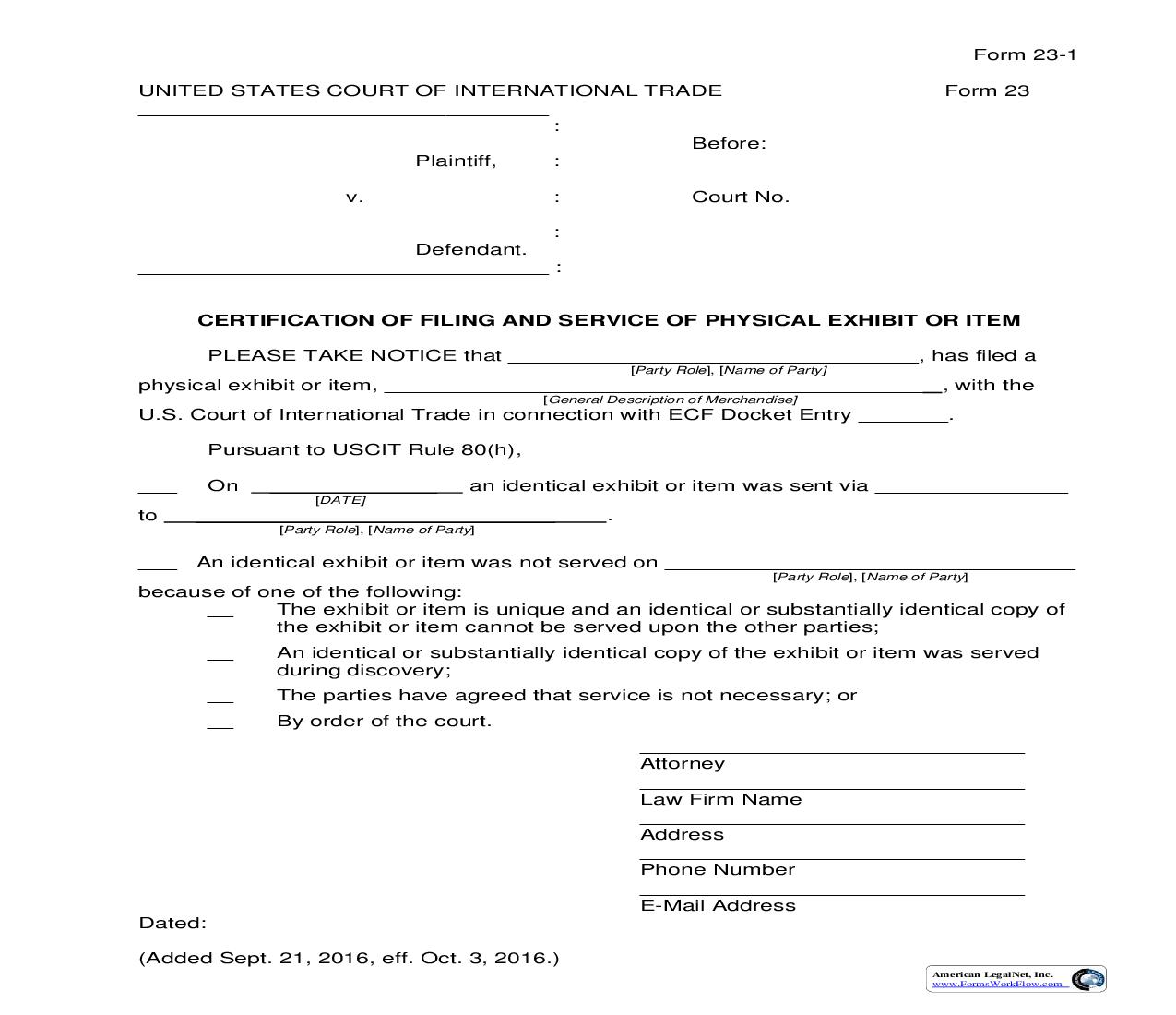 Form 23 Certification Of Filing And Service Of Physical Exhibit Or Item {23} | Pdf Fpdf Docx | Official Federal Forms