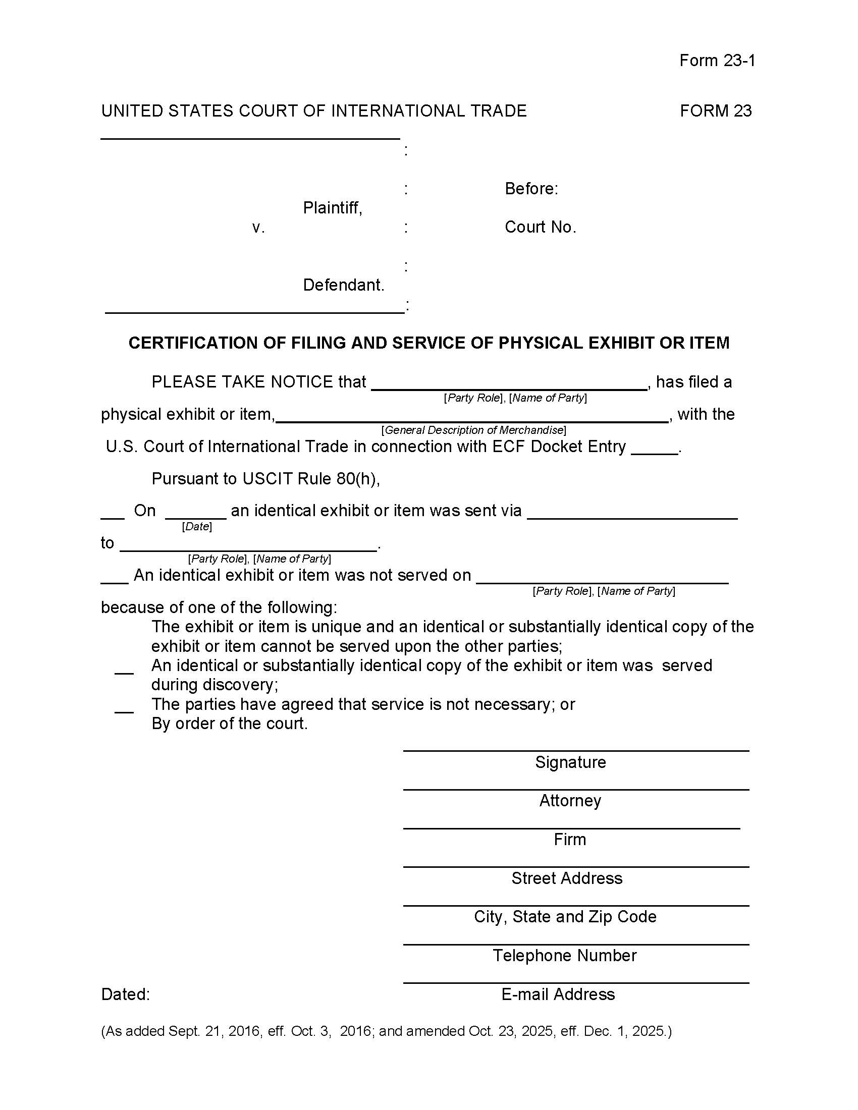 Form 23 Certification Of Filing And Service Of Physical Exhibit Or Item {23} | Pdf Fpdf Docx | Official Federal Forms