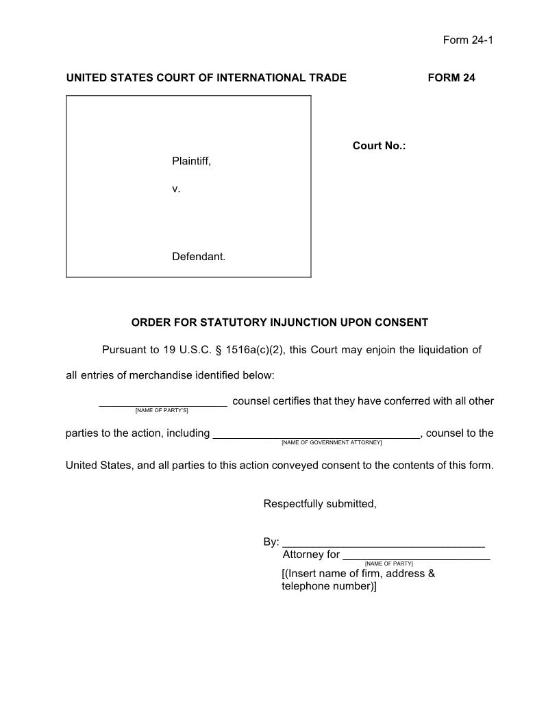 Form 24 Order For Statutory Injunction Upon Consent (Rule 56.2) {24} | Pdf Fpdf Docx | Official Federal Forms