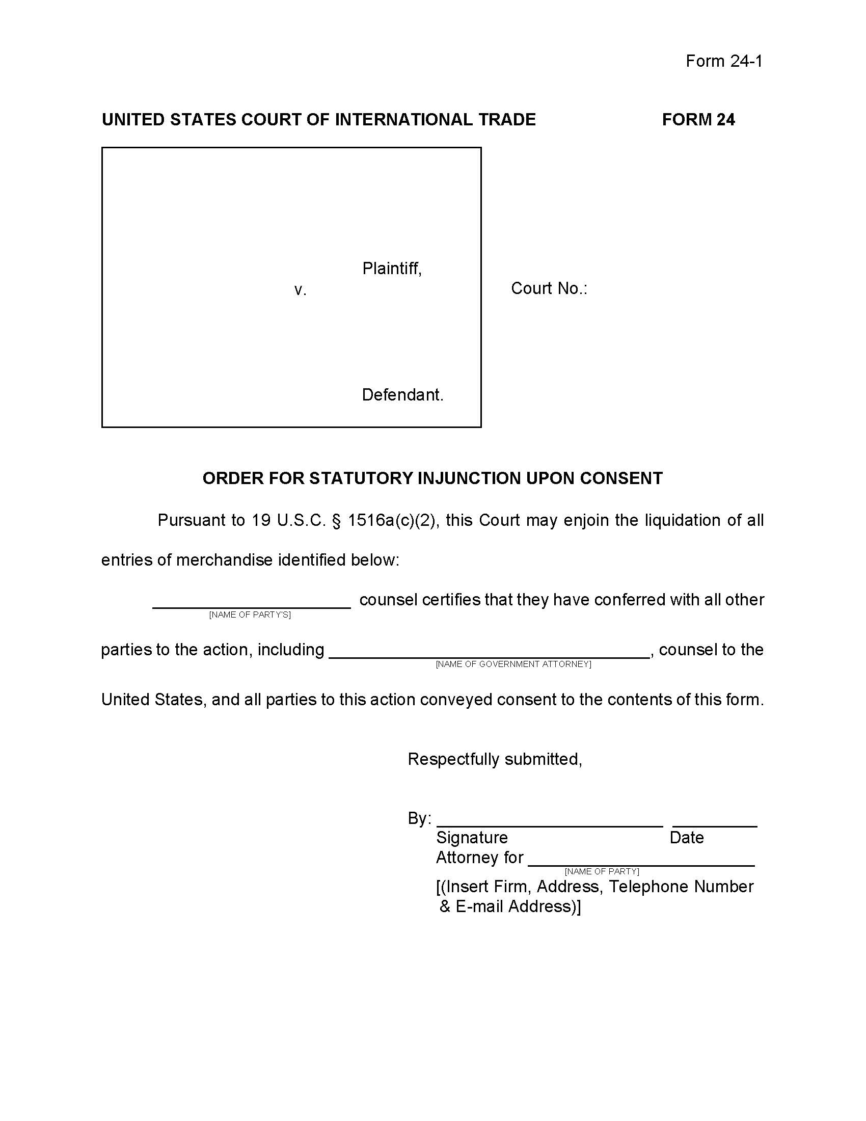 Form 24 Order For Statutory Injunction Upon Consent (Rule 56.2) {24} | Pdf Fpdf Docx | Official Federal Forms