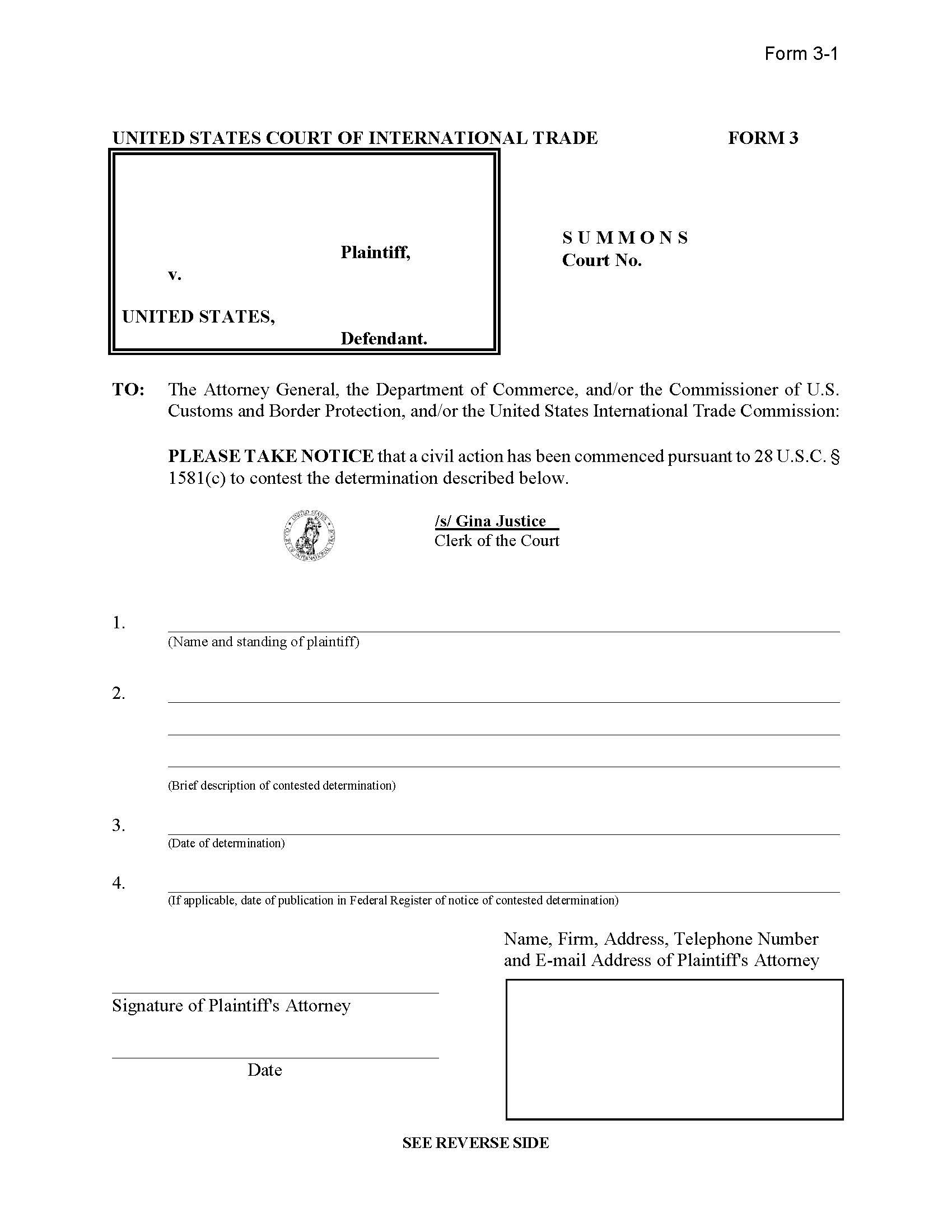 Form 3 Summons (Pursuant To 28 USC 1581(c)) {3} | Pdf Fpdf Docx | Official Federal Forms