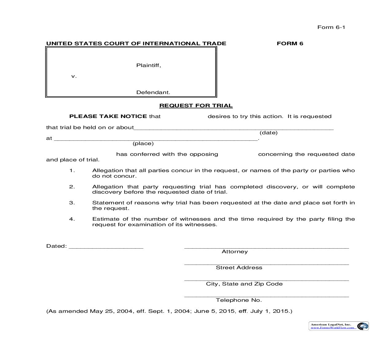 Form 6 Request For Trial Rule 40(a) {6} | Pdf Fpdf Doc Docx | Official Federal Forms