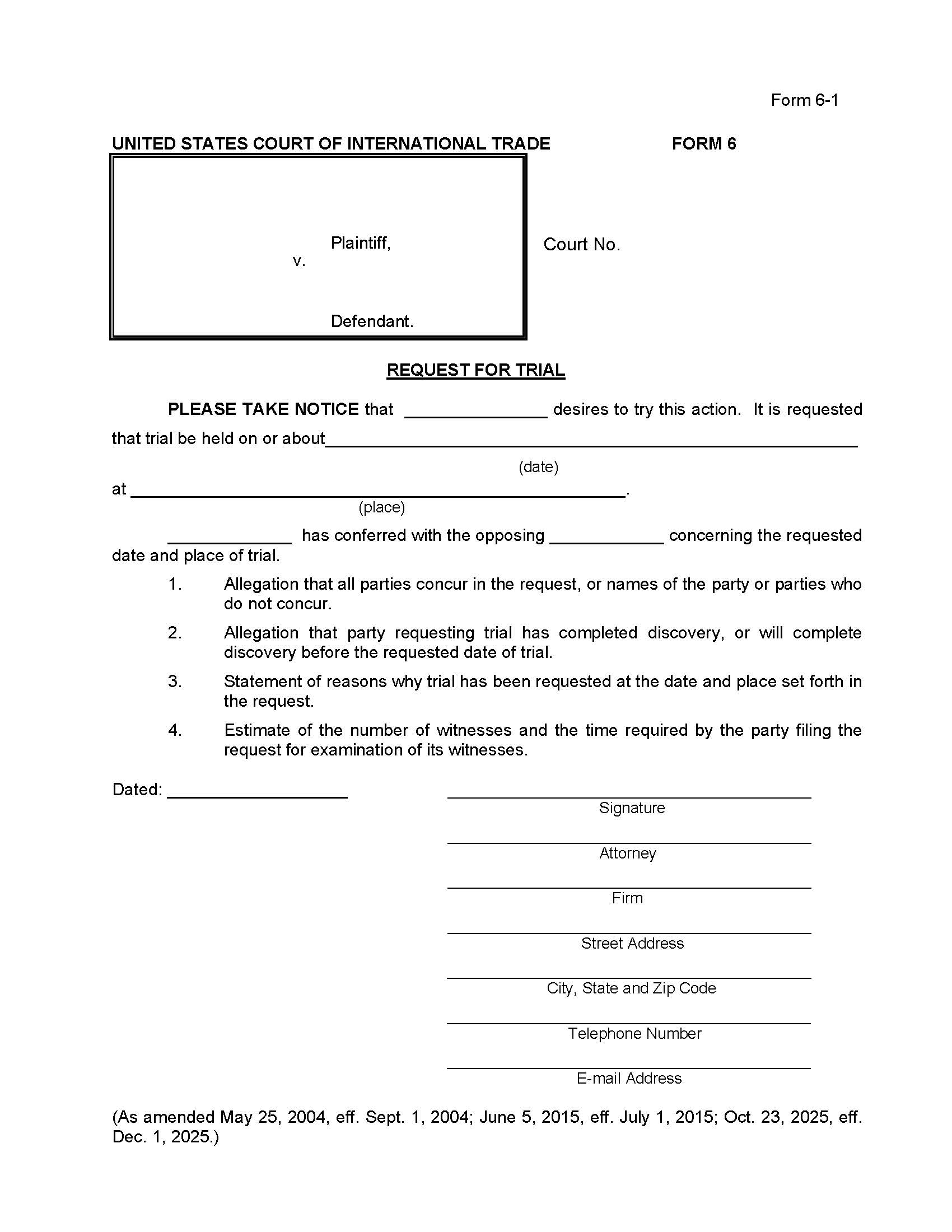 Form 6 Request For Trial Rule 40(a) {6} | Pdf Fpdf Doc Docx | Official Federal Forms