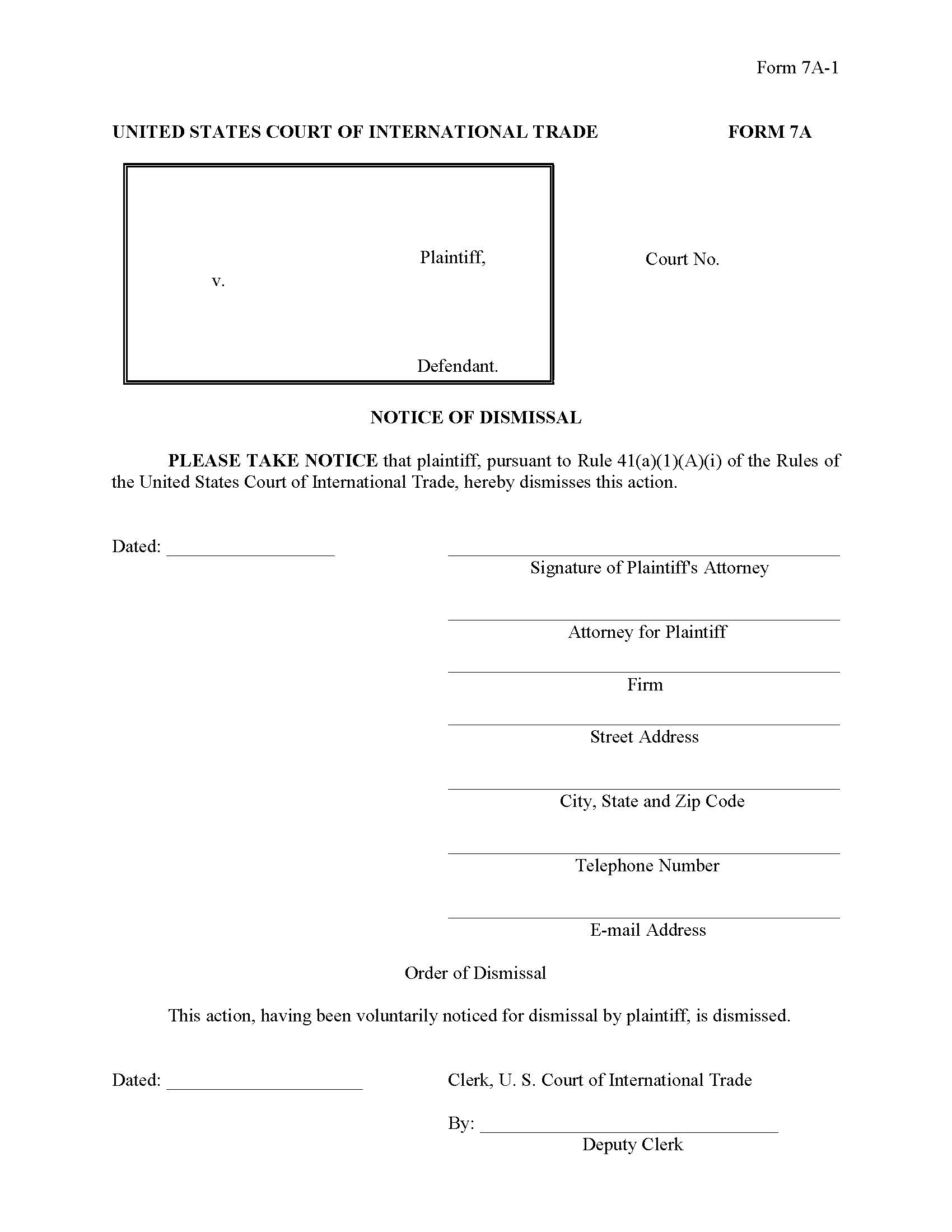 Form 7A Notice Of Dismissal, Rule 41(a)(1)(A) {7A} | Pdf Fpdf Docx | Official Federal Forms