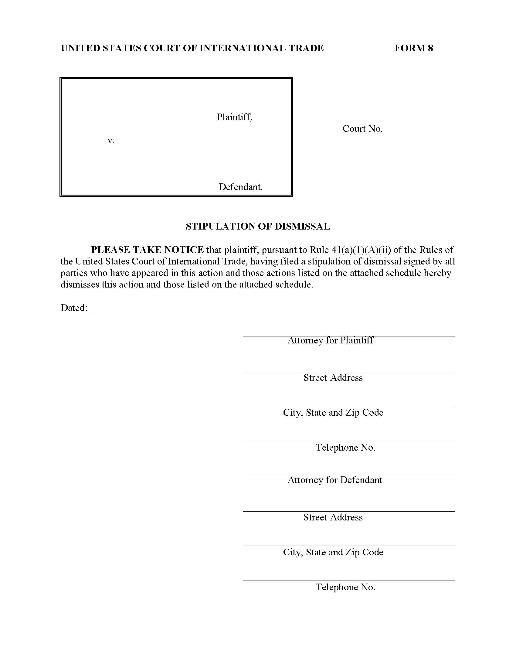 Form 8 Stipulation Of Dismissal Rule 41(a)(1)(B) {8} | Pdf Fpdf Doc Docx | Official Federal Forms