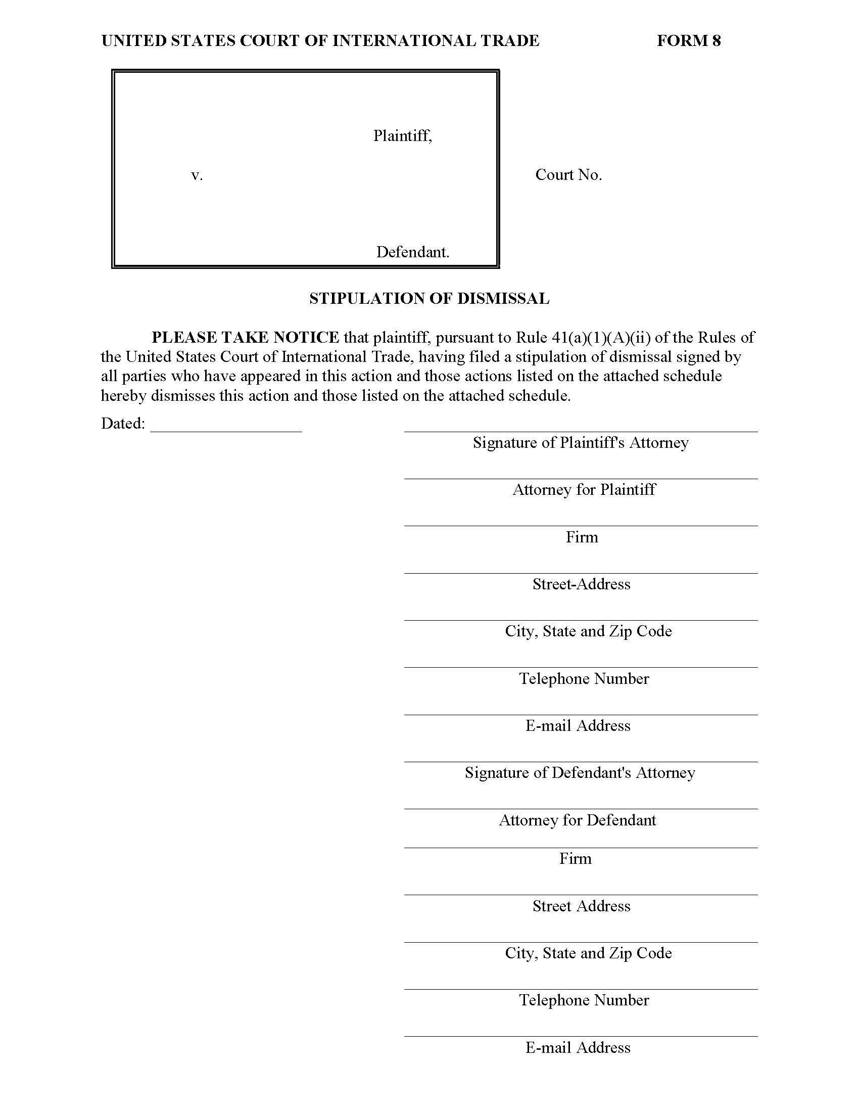 Form 8 Stipulation Of Dismissal Rule 41(a)(1)(B) {8} | Pdf Fpdf Doc Docx | Official Federal Forms