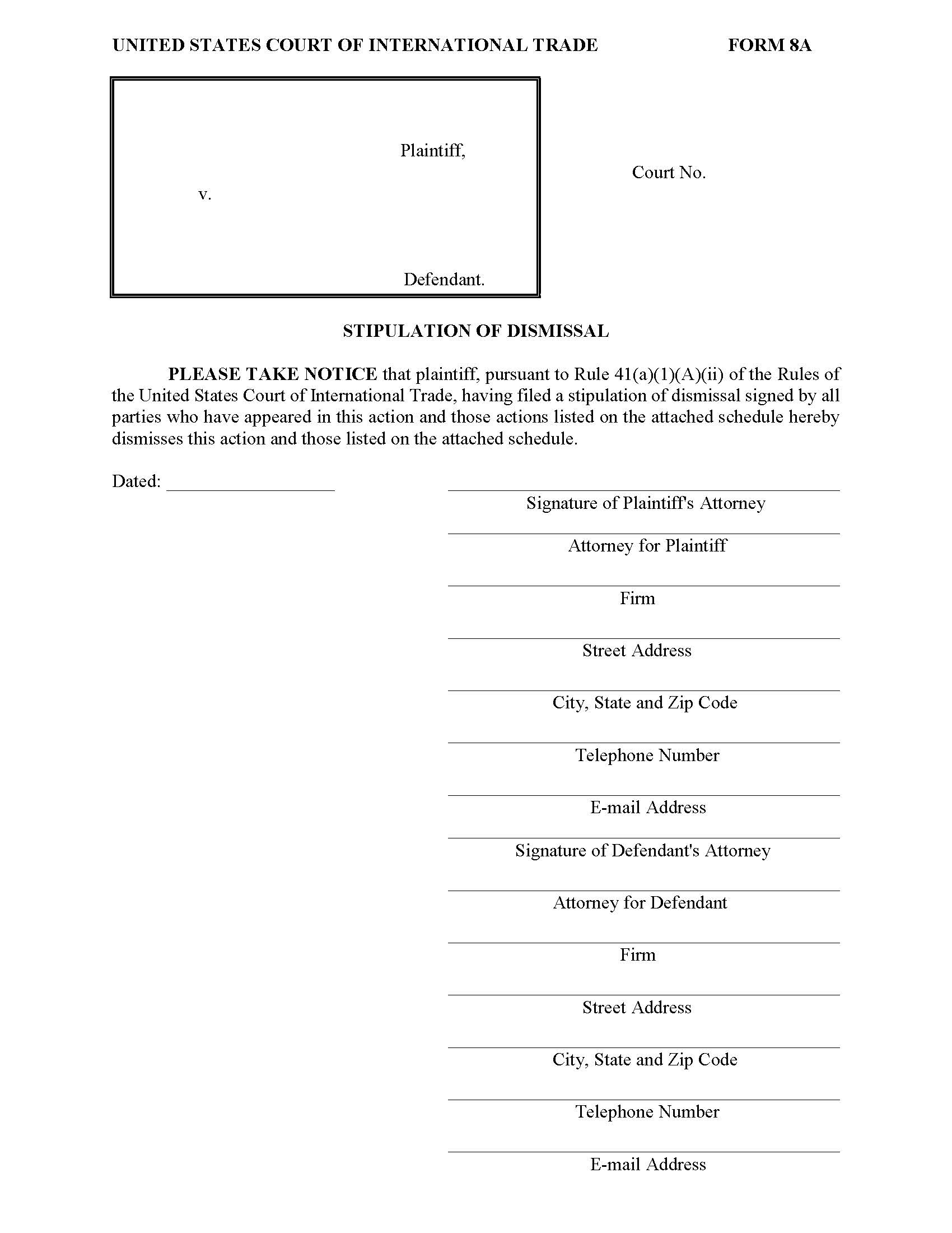 Form 8A Stipulation Of Dismissal Rule 41(a)(1)(B) {8A} | Pdf Fpdf Doc Docx | Official Federal Forms