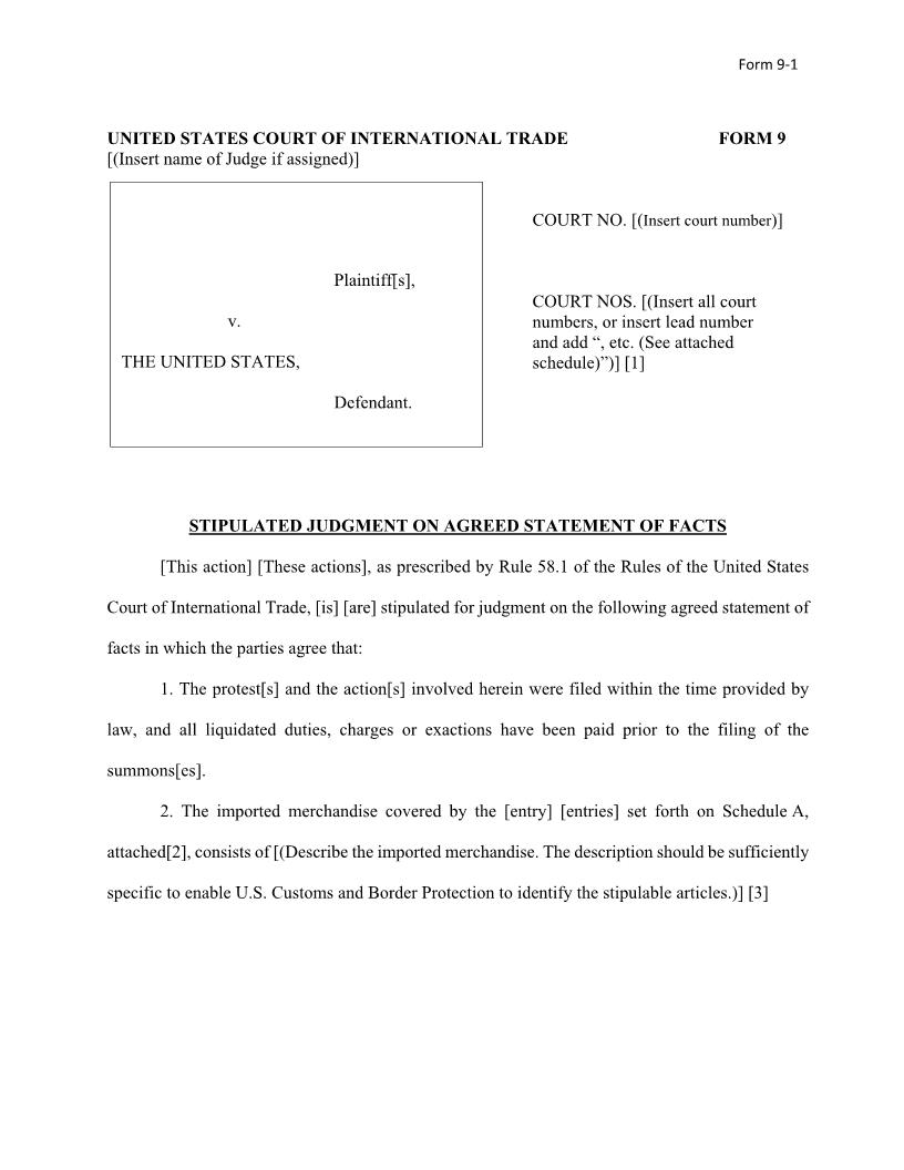 Form 9 Stipulated Judgment On Agreed Statement Of Facts (Prescribed By Rule 58.1) {9} | Pdf Fpdf Doc Docx | Official Federal Forms