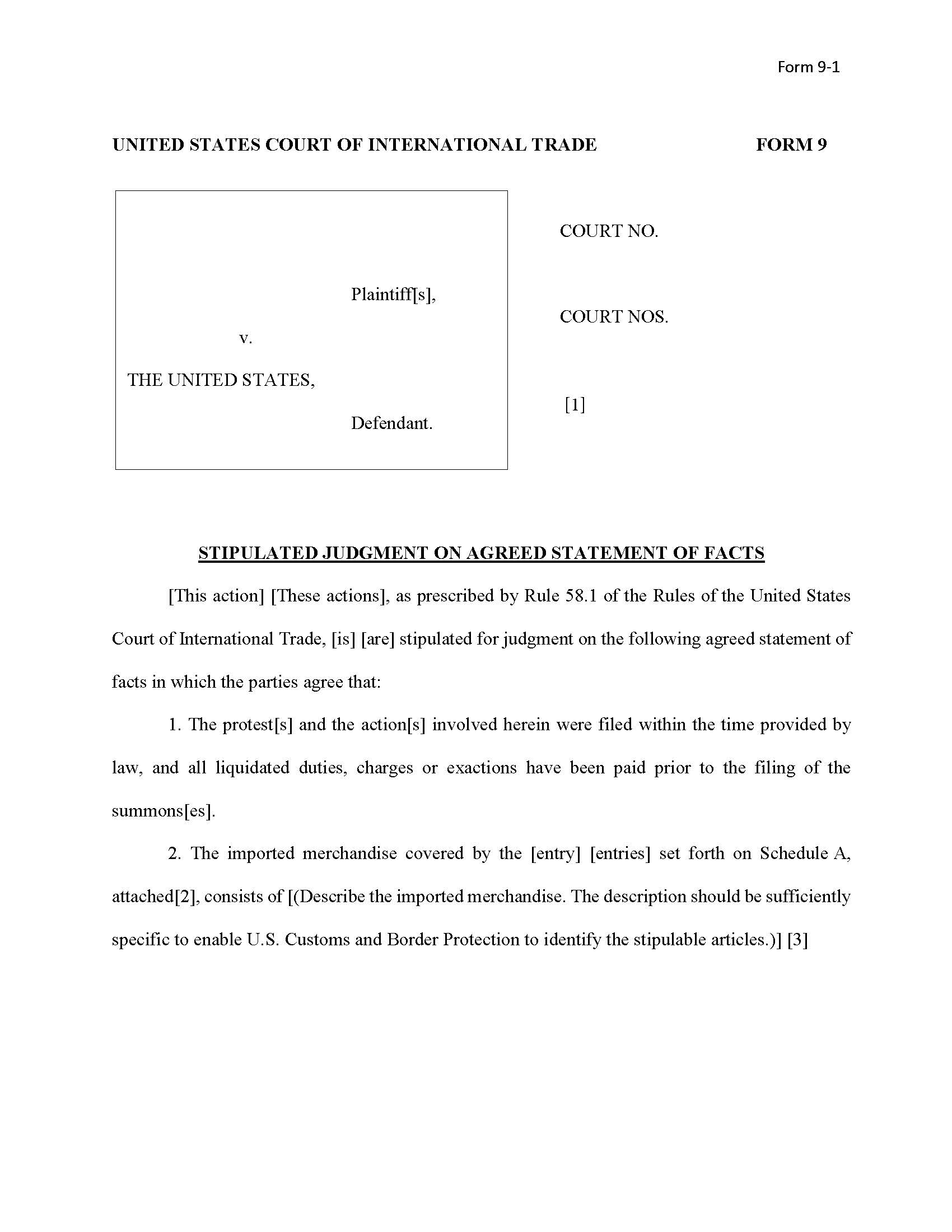Form 9 Stipulated Judgment On Agreed Statement Of Facts (Prescribed By Rule 58.1) {9} | Pdf Fpdf Doc Docx | Official Federal Forms
