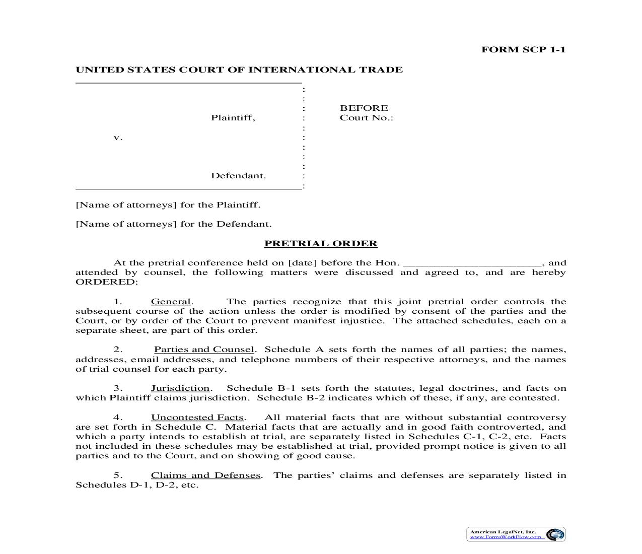 Form SCP 1 Pretrial Order {SCP 1} | Pdf Fpdf Doc Docx | Official Federal Forms