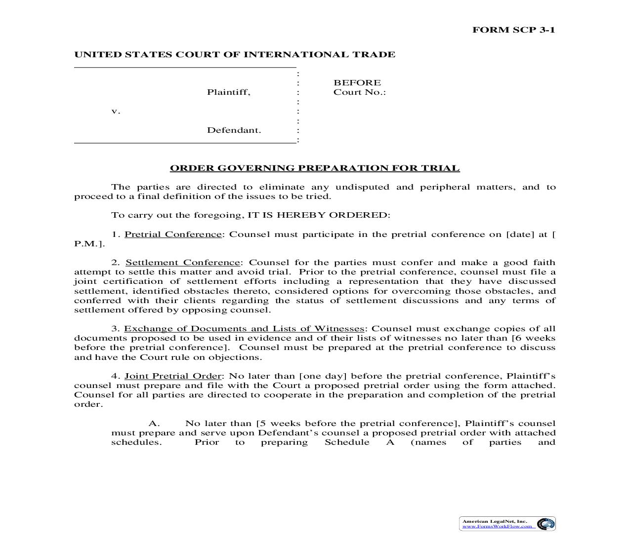 Form SCP 3 Order Governing Preparation for Trial {SCP 3} | Pdf Fpdf Doc Docx | Official Federal Forms