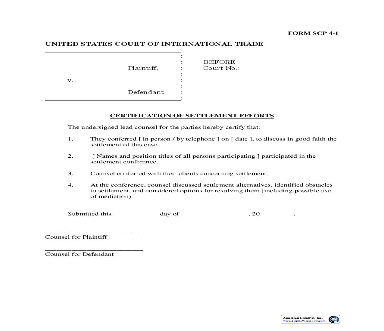 Form SCP 4 Certification Of Settlement Efforts {SCP 4} | Pdf Fpdf Doc Docx | Official Federal Forms