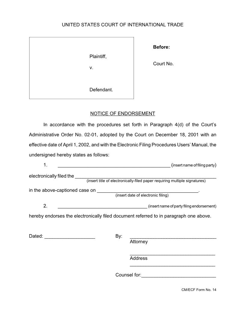 Notice Of Endorsement (CM-ECF) {14} | Pdf Fpdf Docx | Official Federal Forms