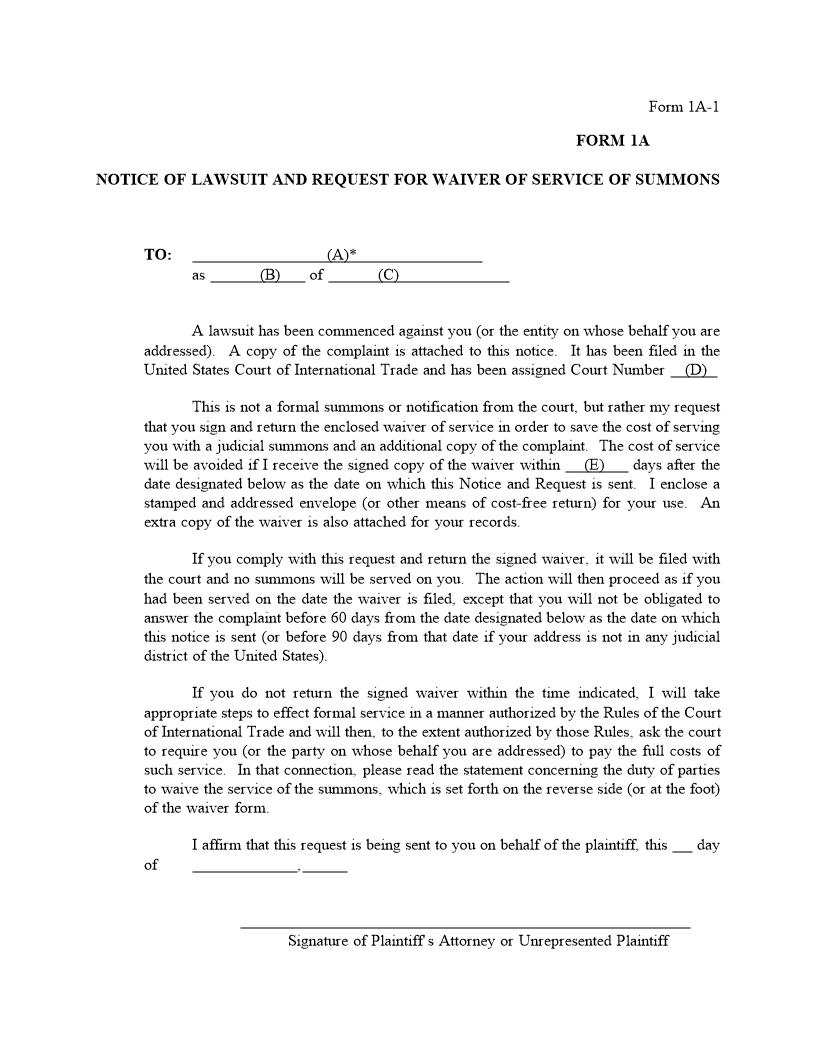 Notice Of Lawsuit And Request For Waiver Of Service Of Summons {1A} | Pdf Fpdf Doc Docx | Official Federal Forms