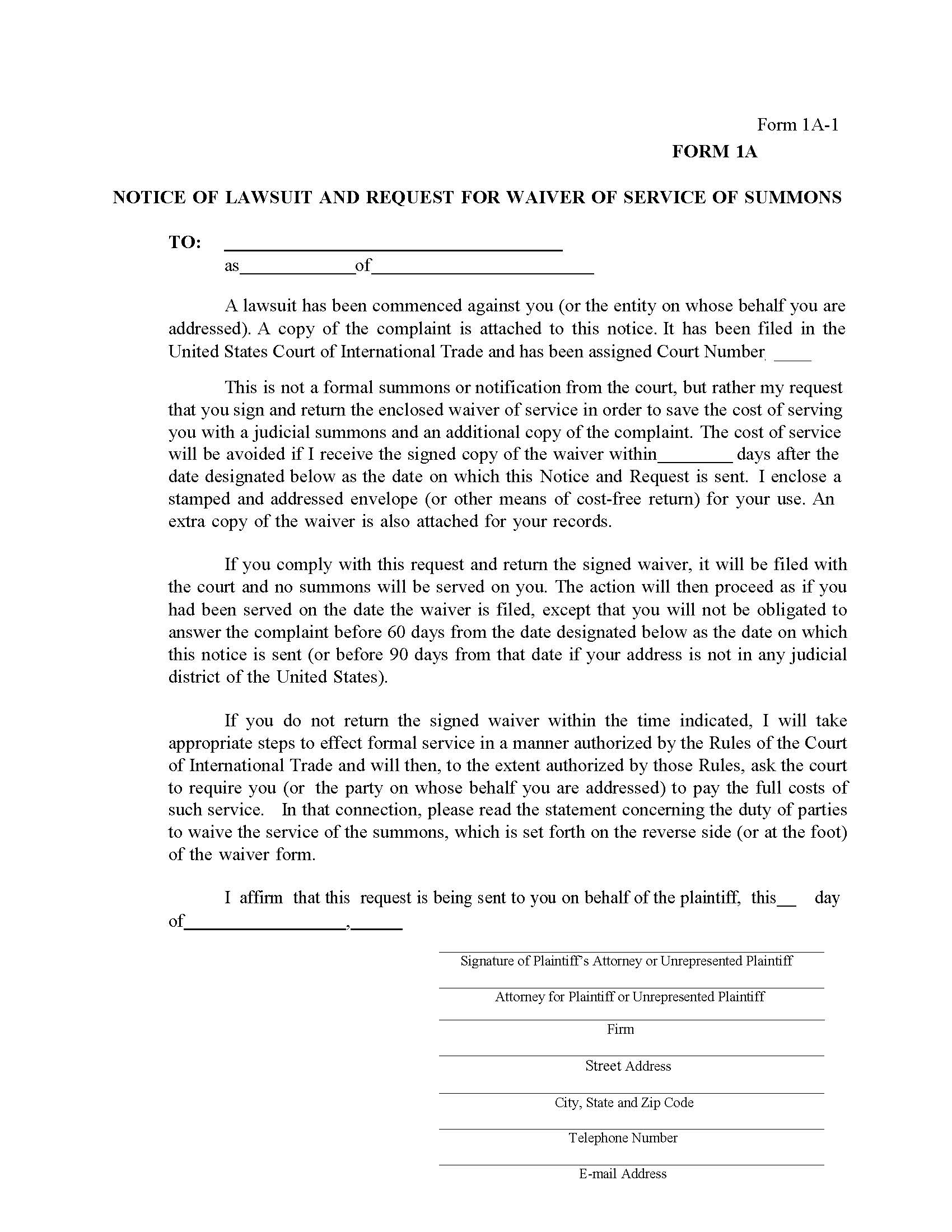 Notice Of Lawsuit And Request For Waiver Of Service Of Summons {1A} | Pdf Fpdf Doc Docx | Official Federal Forms