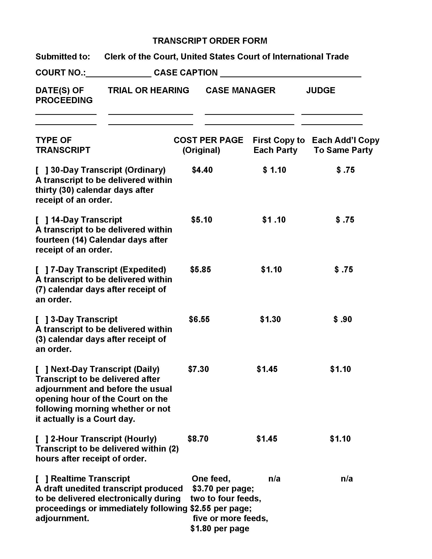 USCIT Transcript Order Form | Pdf Fpdf Doc Docx | Official Federal Forms