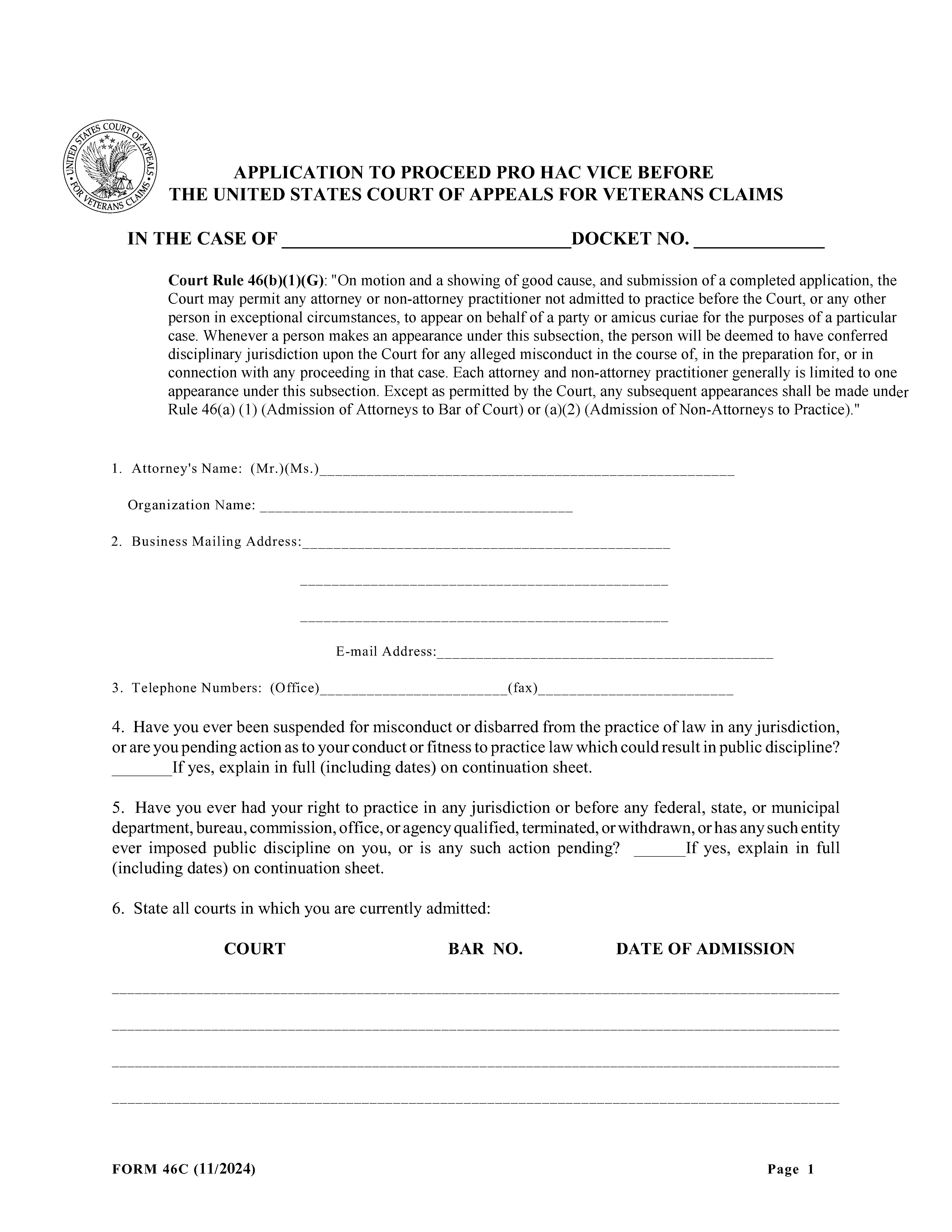 Application To Proceed Pro Hac Vice {46C} | Pdf Fpdf Doc Docx | Official Federal Forms