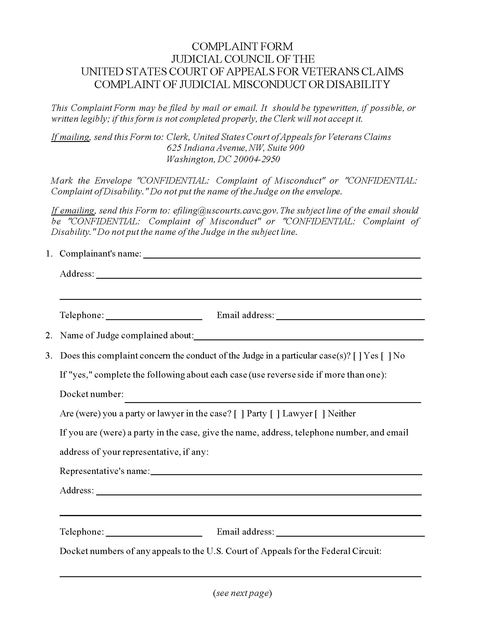 Complaint Of Judicial Misconduct Or Disability (Veterans Claims) | Pdf Fpdf Docx | Official Federal Forms