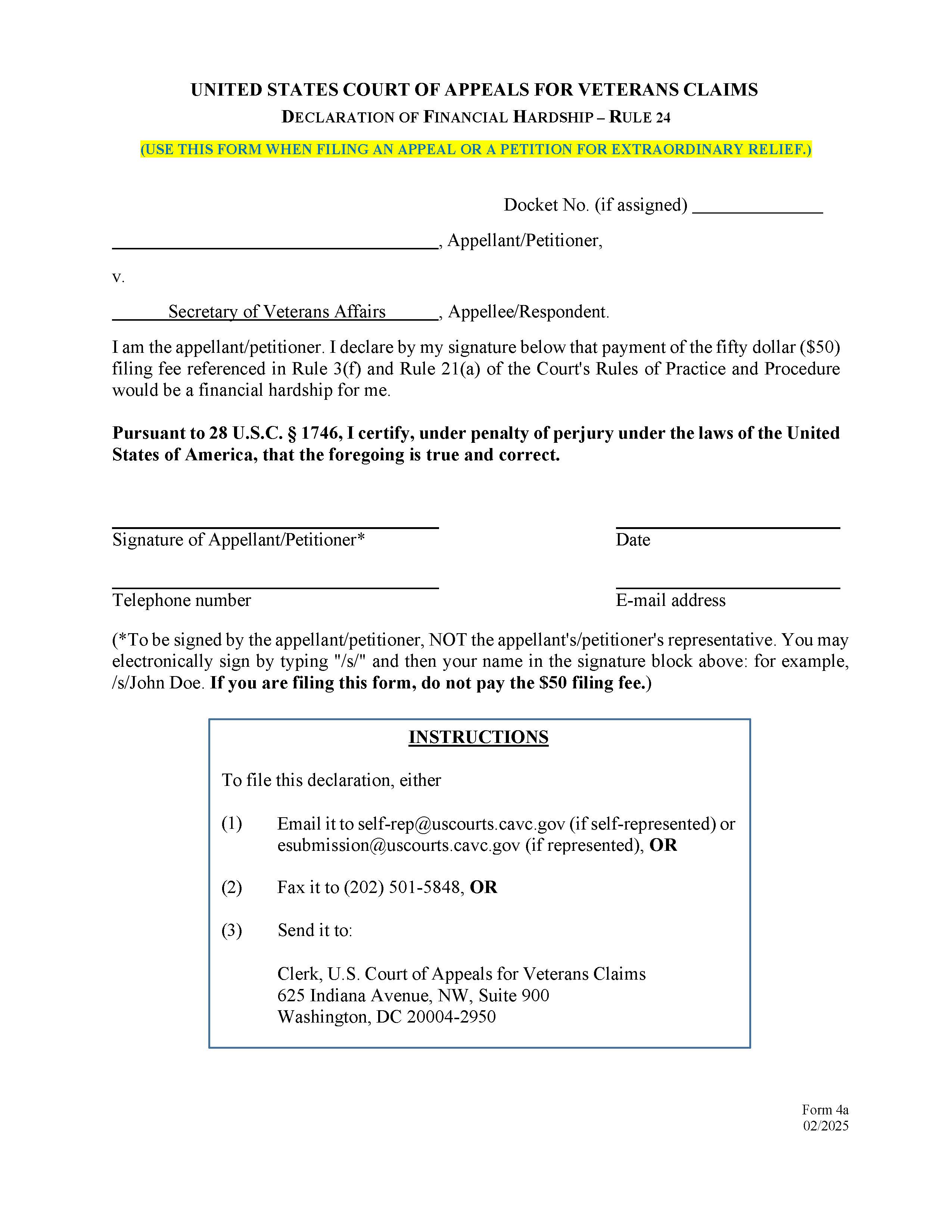 Declaration Of Financial Hardship (Appeal Or Petition For Extraordinary Relief) {Form 4a} | Pdf Fpdf Doc Docx | Official Federal Forms