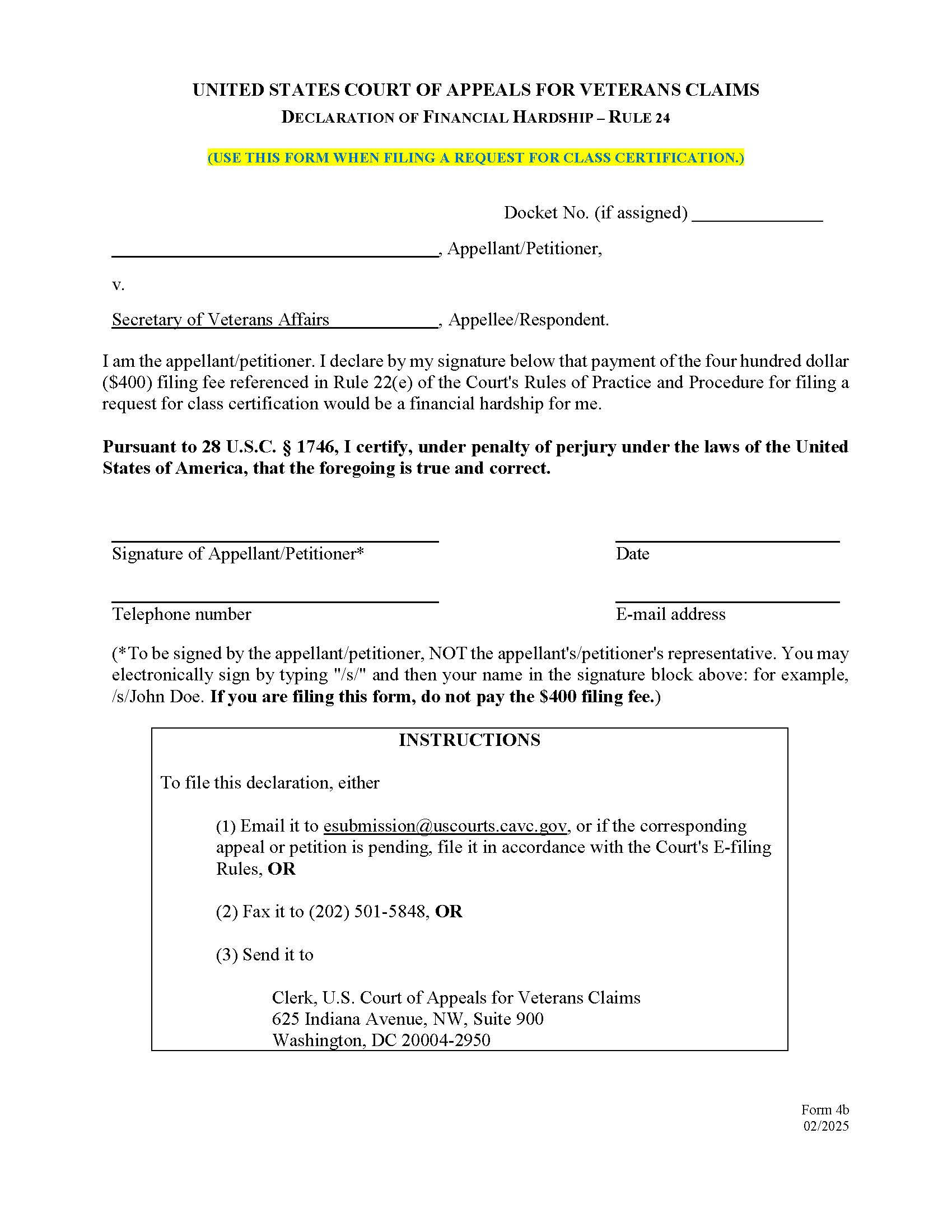 Declaration Of Financial Hardship (Request For Class Certification And Class Action) {Form 4b} | Pdf Fpdf Docx | Official Federal Forms