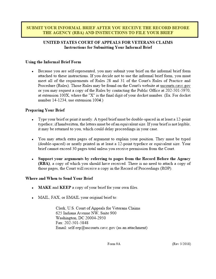 Informal Brief (Form 9A) {9A} | Pdf Fpdf Docx | Official Federal Forms