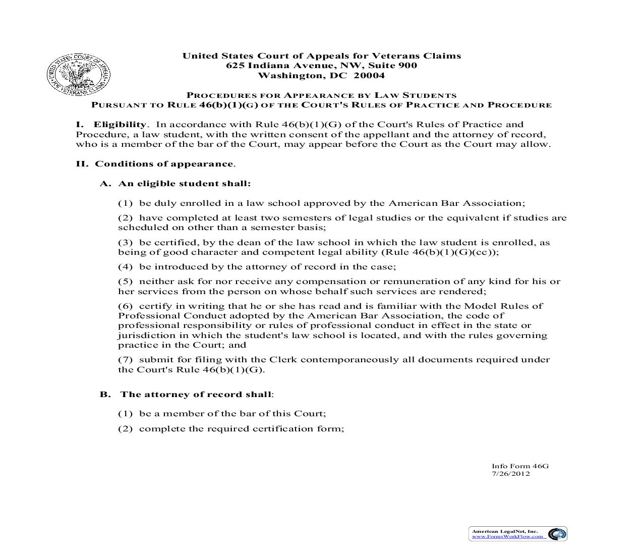 Procedures For Appearance By Law Students {46G} | Pdf Fpdf Doc Docx | Official Federal Forms