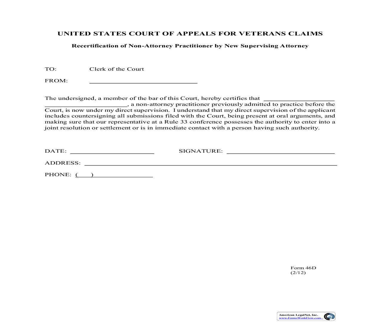 Recertification Of Nonattorney Practitioner By New Supervising Attorney {46D} | Pdf Fpdf Doc Docx | Official Federal Forms