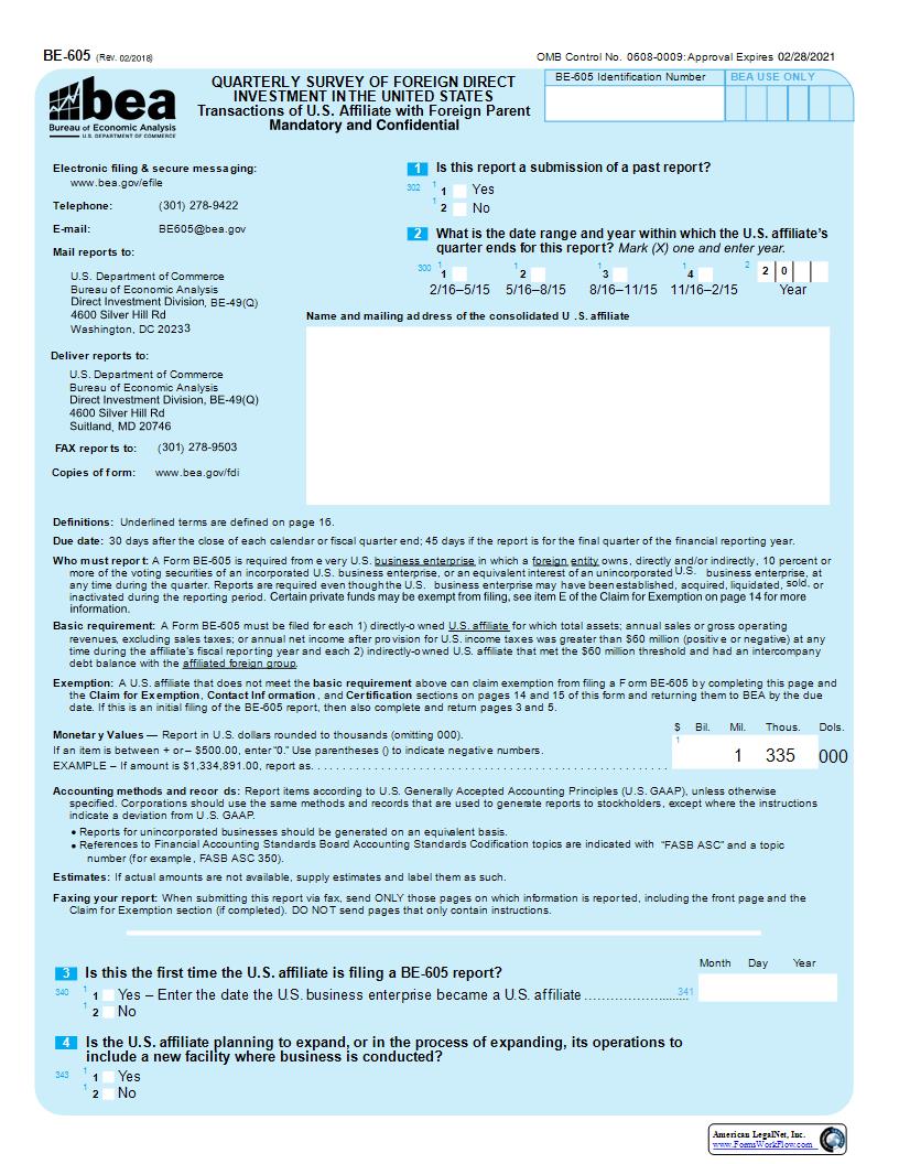 Quarterly Survey Of Foreign Direct Investment In The United States {BE-605} | Pdf Fpdf Doc Docx | Official Federal Forms
