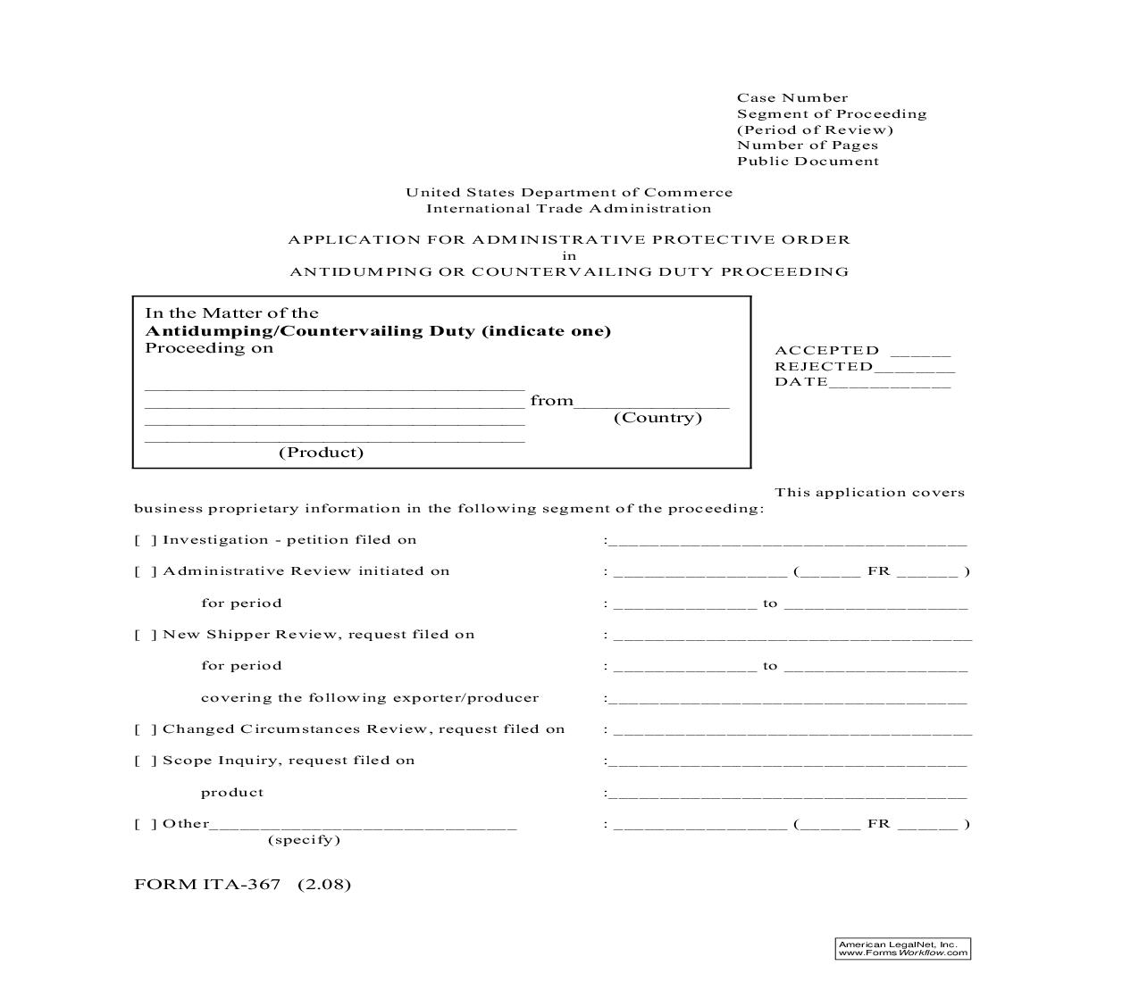 Application For Administrative Protective Order In Antidumping Or Countervailing Duty Proceeding {ITA-367} | Pdf Fpdf Doc Docx | Official Federal Forms