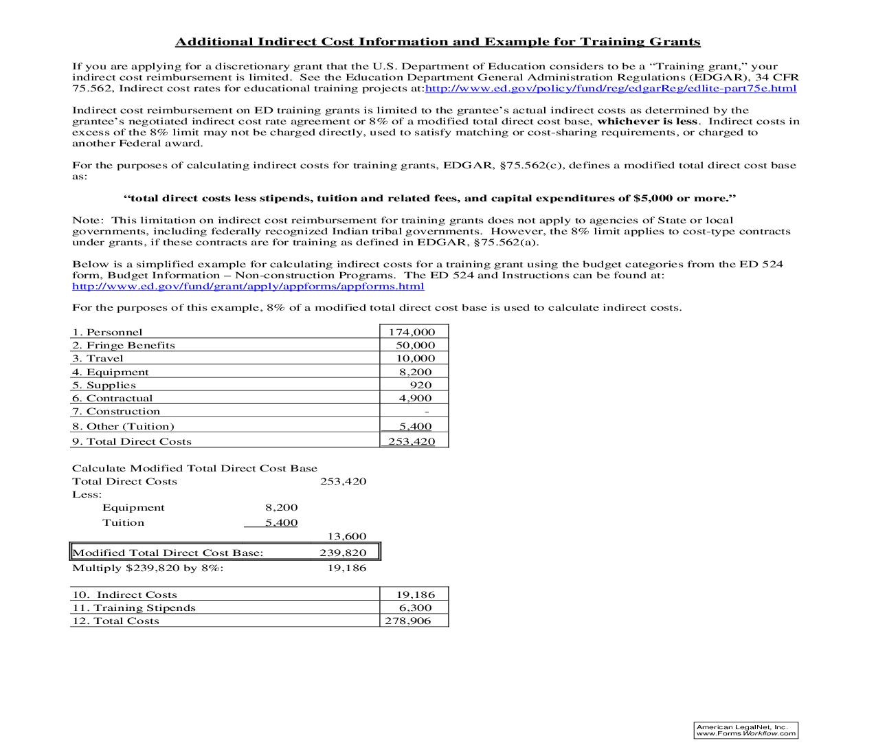 Additional Indirect Cost Information And Example For Training Grants (For ED 524) {ED 524} | Pdf Fpdf Doc Docx | Official Federal Forms