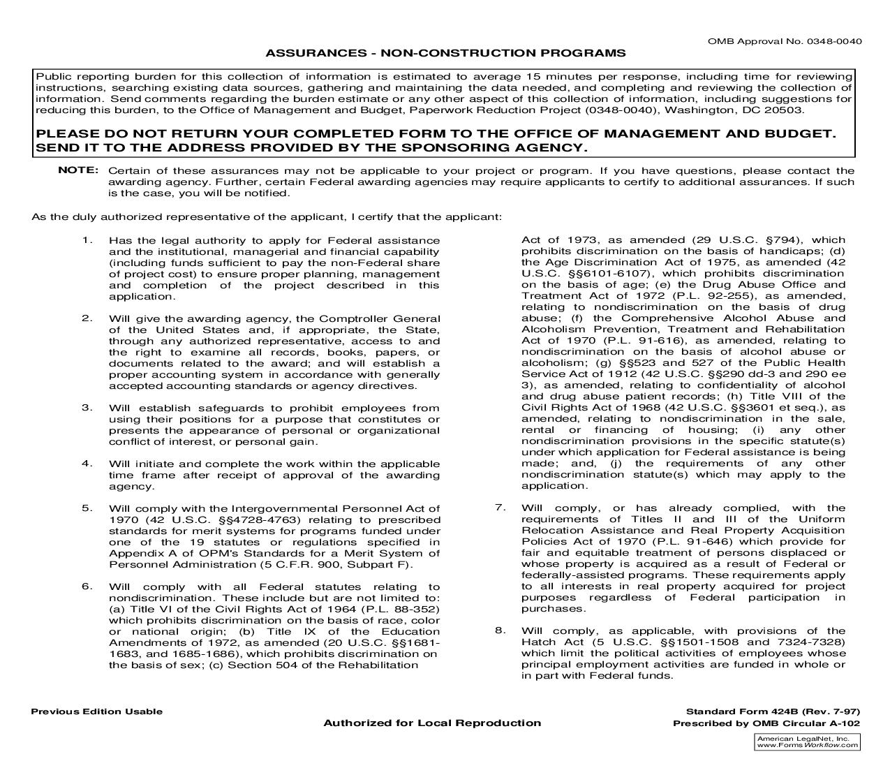 Assurances Non-Construction Programs {SF 424B} | Pdf Fpdf Doc Docx | Official Federal Forms