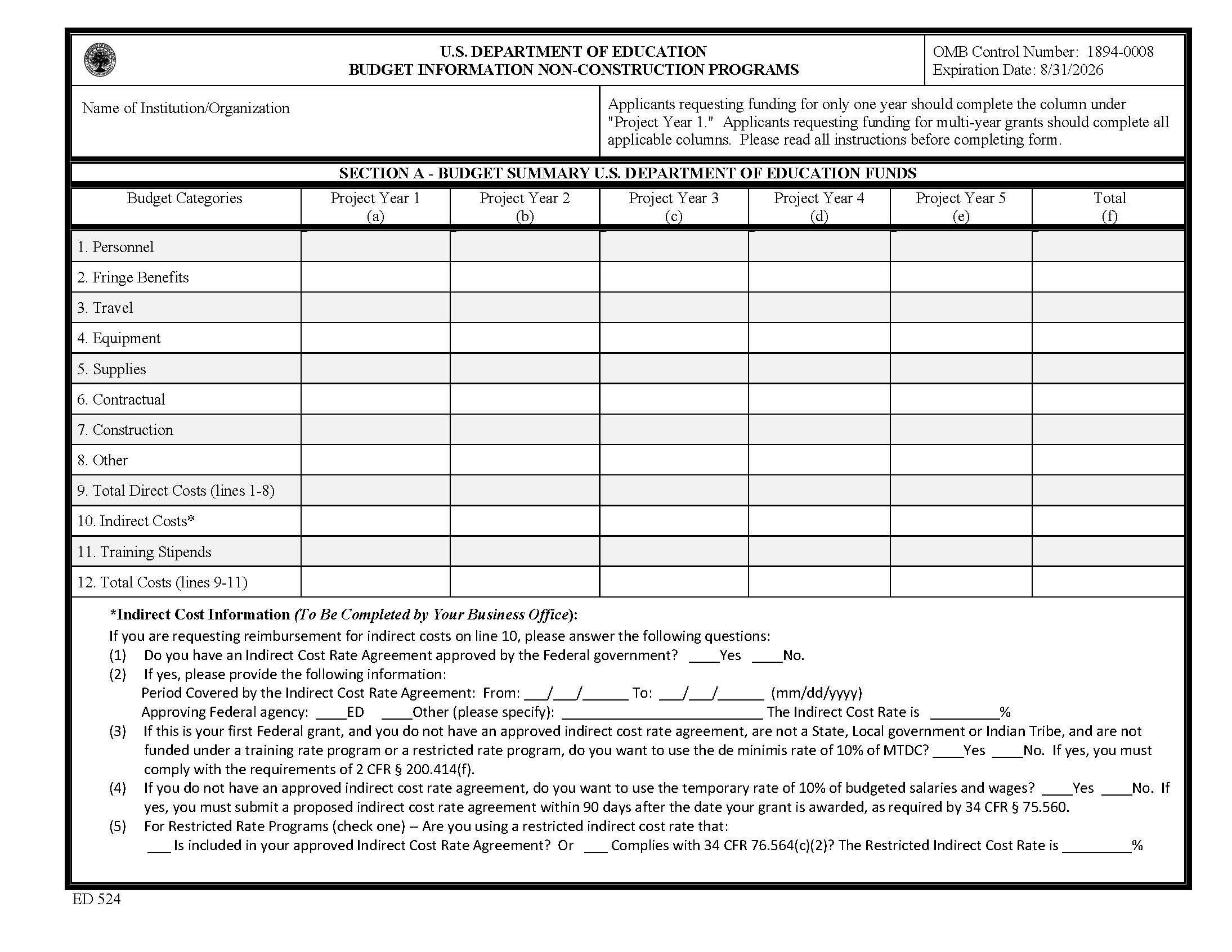 Budget Information Non-Construction Programs {ED 524} | Pdf Fpdf Doc Docx | Official Federal Forms