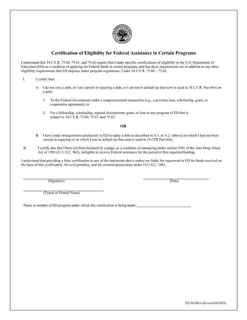 Certification Of Eligibility For Federal Assistance In Certain Programs {ED 80-0016} | Pdf Fpdf Doc Docx | Official Federal Forms