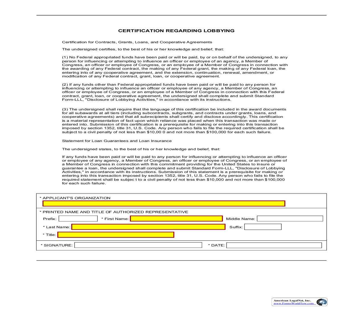Certification Regarding Lobbying {ED 80-0013} | Pdf Fpdf Doc Docx | Official Federal Forms