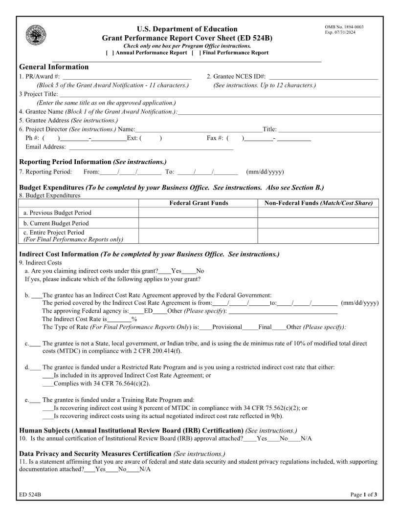 Grant Performance Report Cover Sheet (Part 1 Cover Sheet And Summary) {ED 524B} | Pdf Fpdf Doc Docx | Official Federal Forms