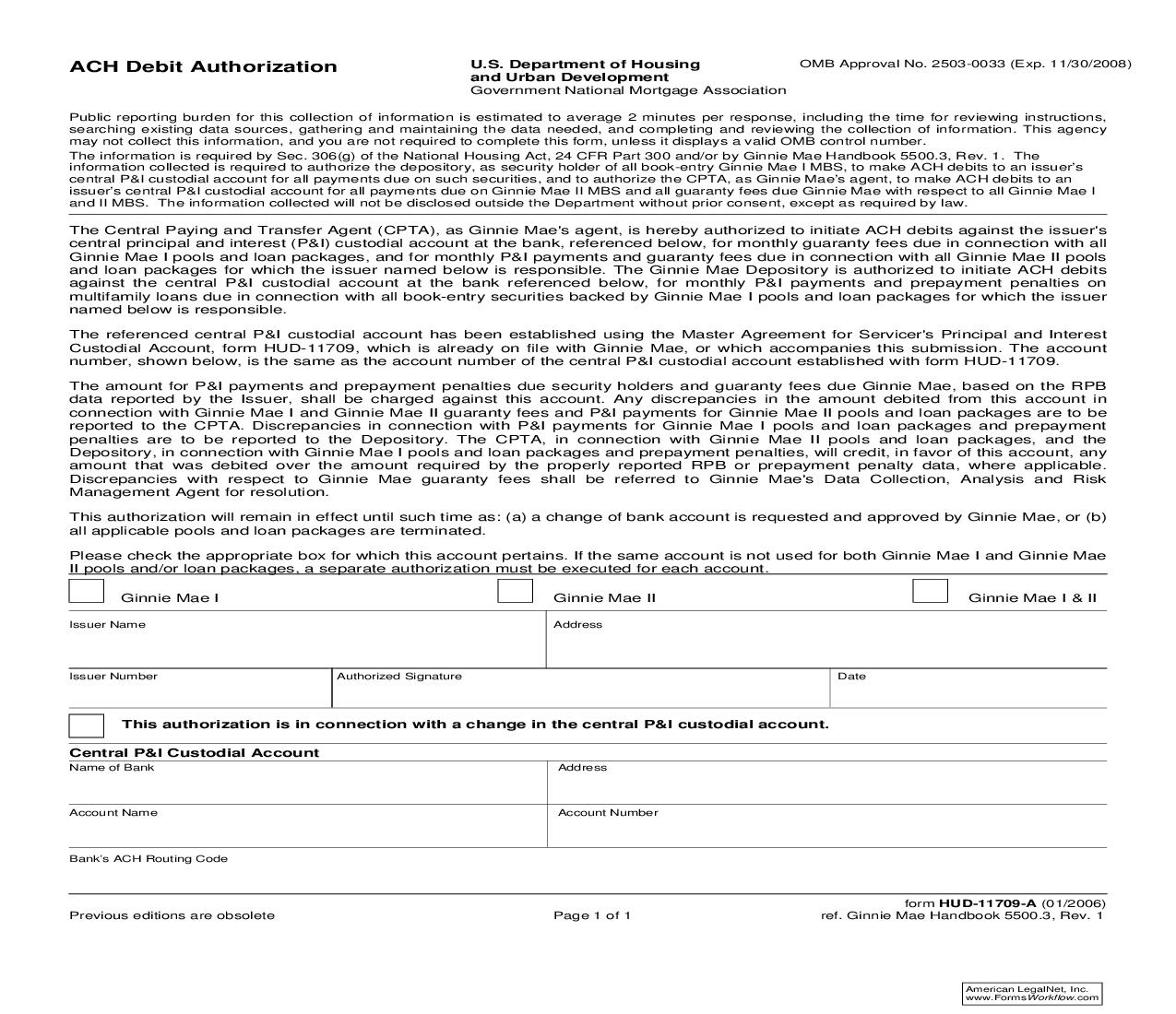 ACH Debit Authorization {HUD-11709-A} | Pdf Fpdf Doc Docx | Official Federal Forms