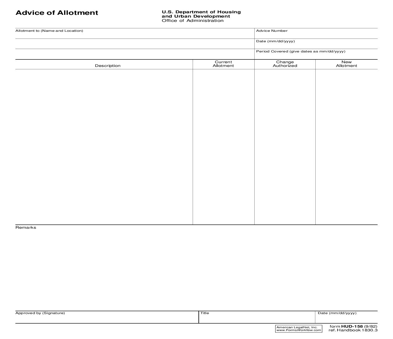 Advice Of Allotment {HUD-158} | Pdf Fpdf Doc Docx | Official Federal Forms