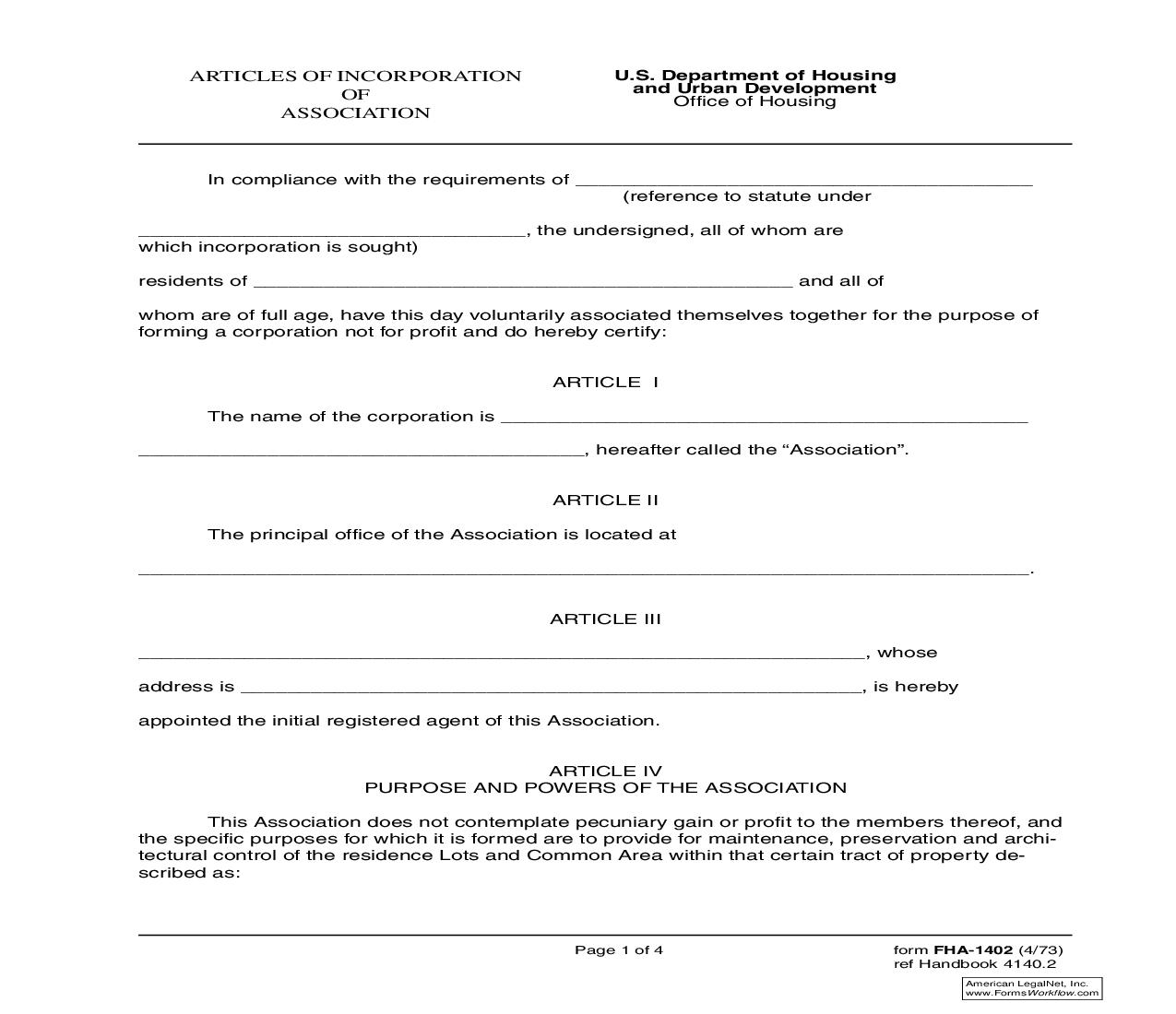 Articles Of Incorporation Of Association {FHA-1402} | Pdf Fpdf Doc Docx | Official Federal Forms