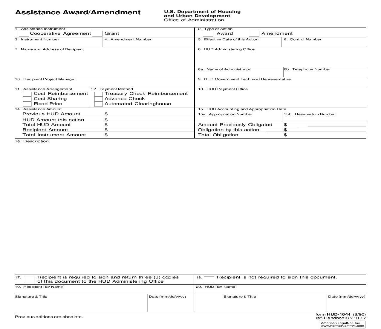 Assistance Award-Amendment {HUD-1044} | Pdf Fpdf Doc Docx | Official Federal Forms