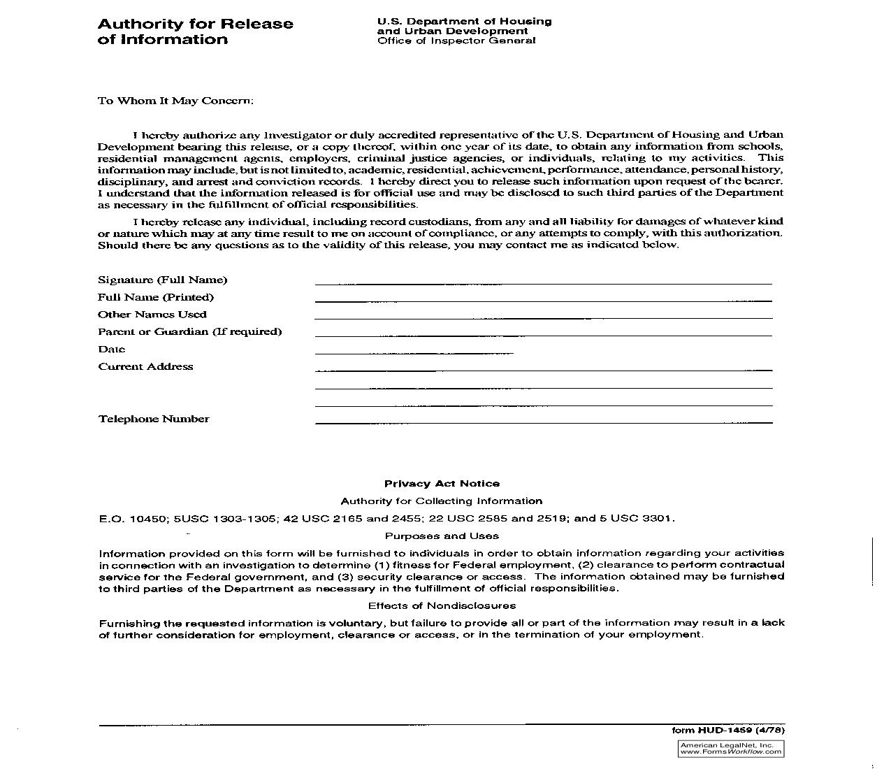 Authority For Release Of Information {HUD-1459} | Pdf Fpdf Doc Docx | Official Federal Forms