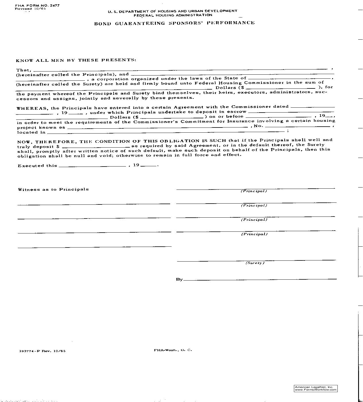Bond Guaranteeing Sponsors Performance {FHA-2477} | Pdf Fpdf Doc Docx | Official Federal Forms