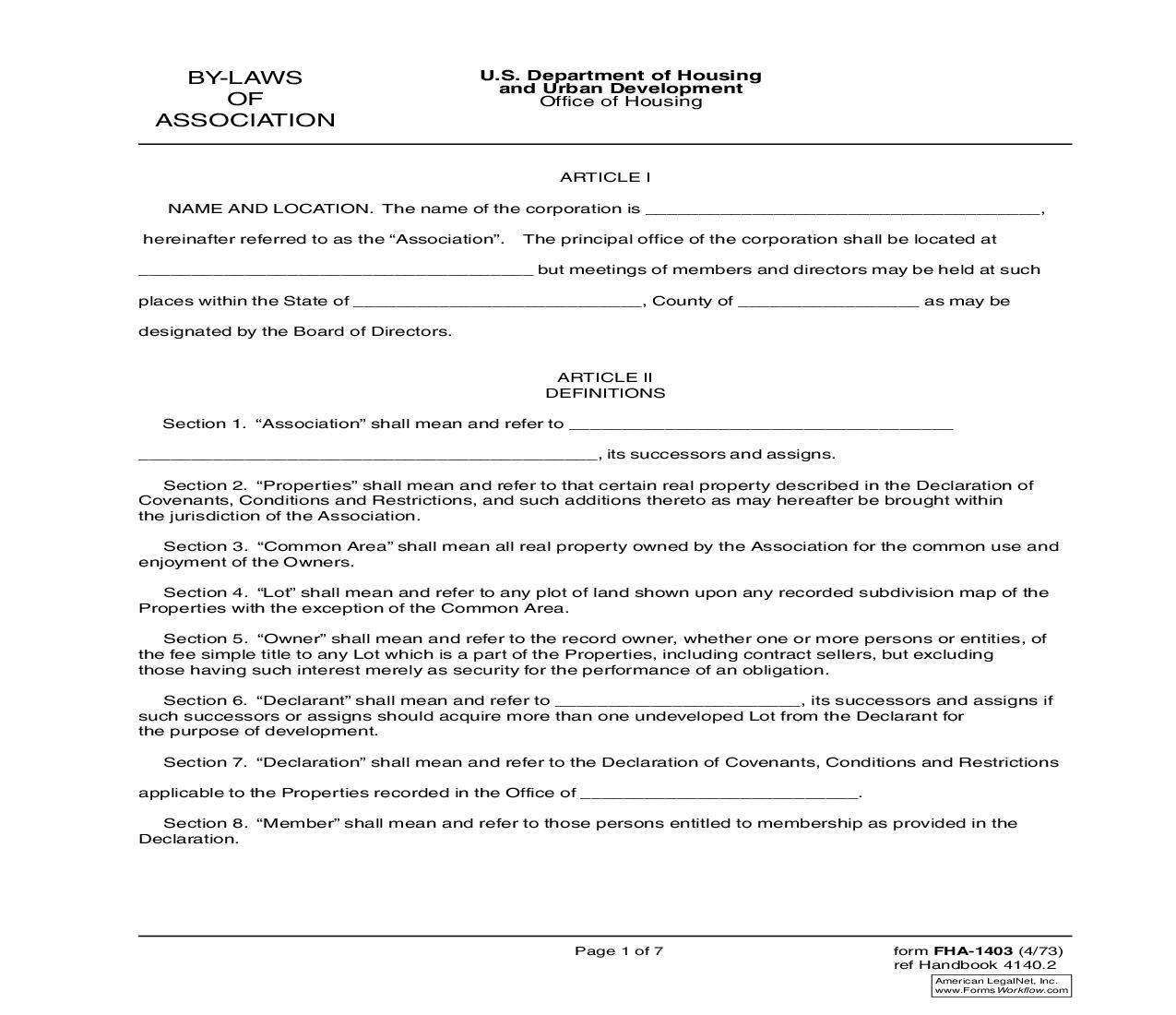 By-Laws Of Association {FHA-1403} | Pdf Fpdf Doc Docx | Official Federal Forms