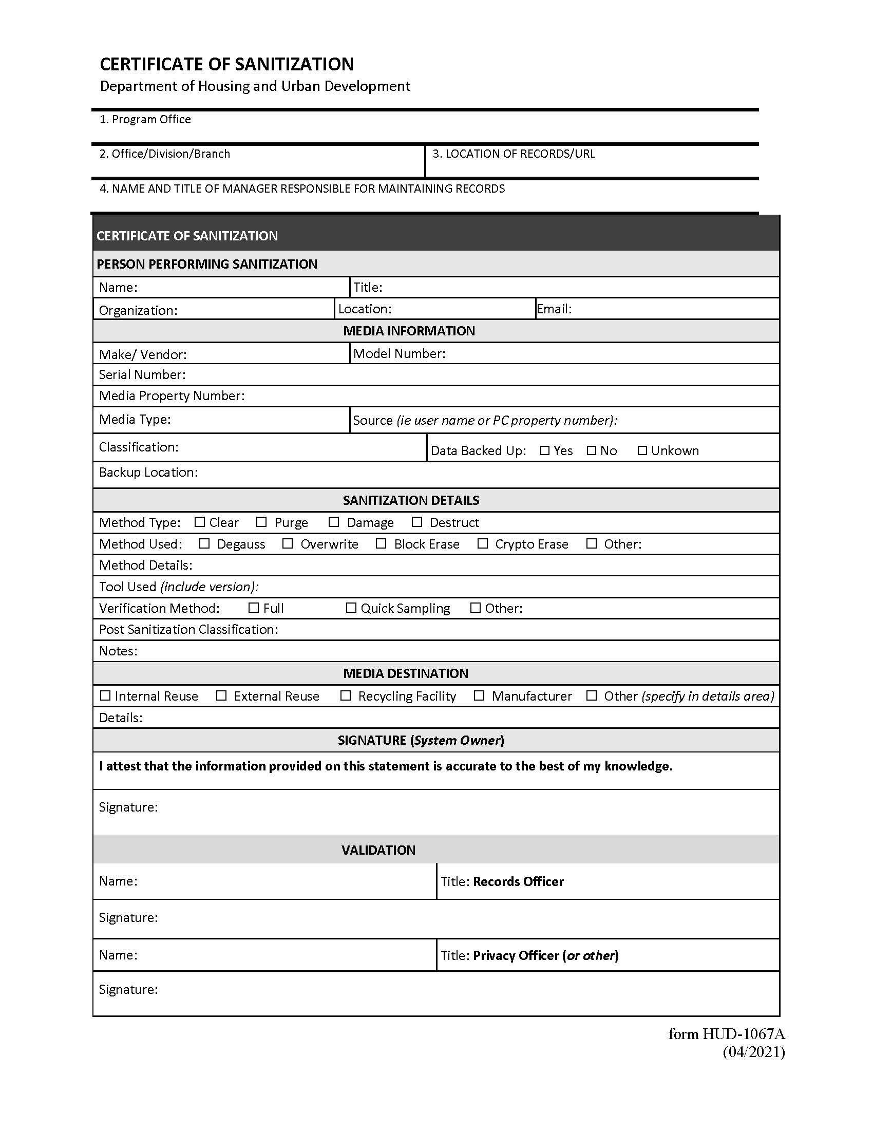Certificate Of Sanitization (HUD Only) {HUD-1067-A} | Pdf Fpdf Docx | Official Federal Forms