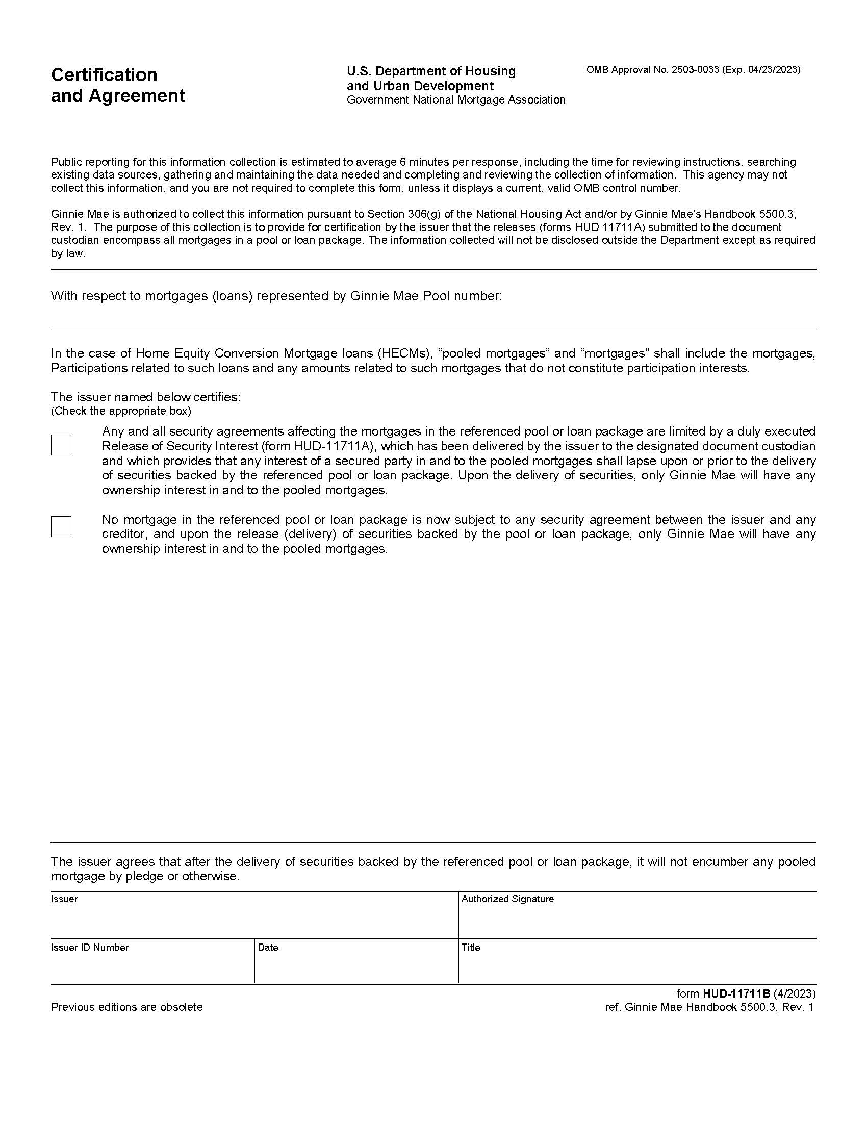 Certification And Agreement {HUD-11711-B} | Pdf Fpdf Doc Docx | Official Federal Forms