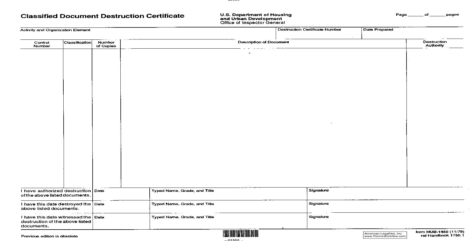 Classified Document Destruction Certificate {HUD-1450} | Pdf Fpdf Doc Docx | Official Federal Forms