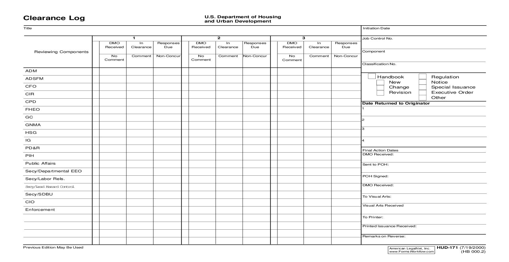 Clearance Log {HUD-171} | Pdf Fpdf Doc Docx | Official Federal Forms