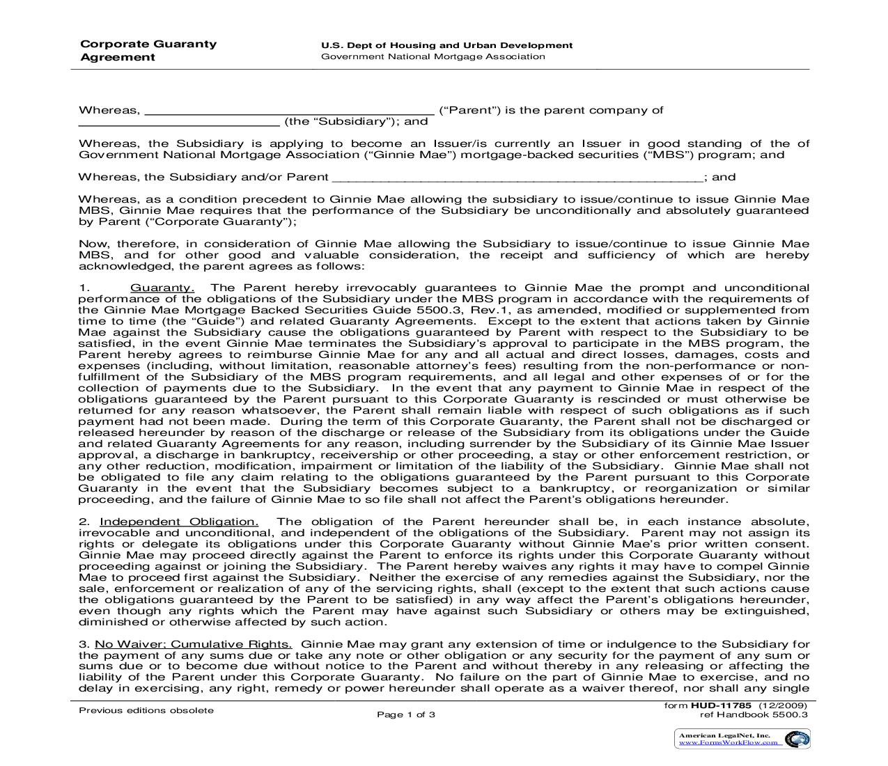 Corporate Guaranty Agreement {HUD-11785} | Pdf Fpdf Doc Docx | Official Federal Forms